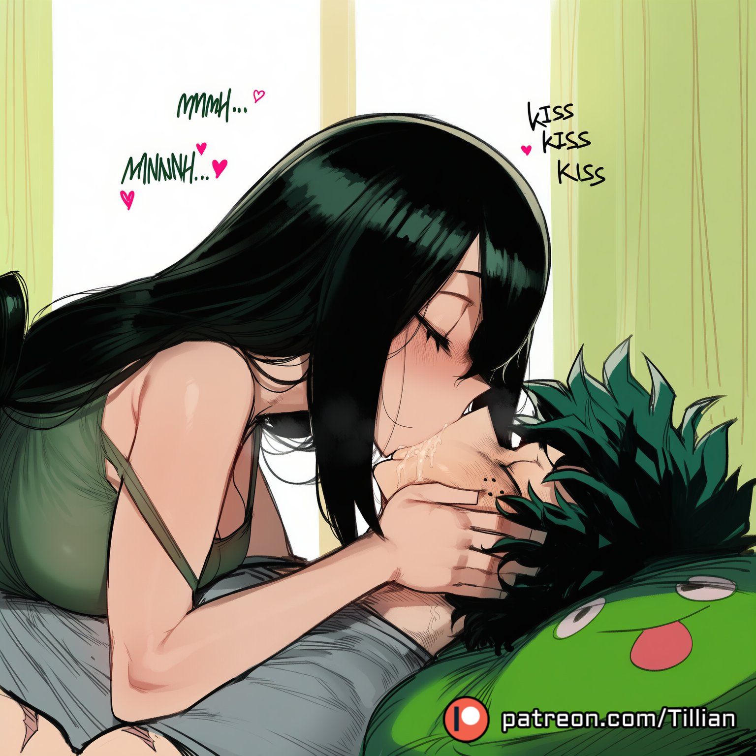 1boy, 1girls, abs, accurate art style, ai generated, asui tsuyu, bare shoulders, black hair, blush, boku no hero academia, breasts, closed eyes, comic, cowgirl position, english text, female, freckles, green hair, green-haired female, green-haired male, heart, izuku midoriya, kissing, large breasts, long hair, low-tied long hair, lying, midoriya izuku, my hero academia, saliva, straight, tillian