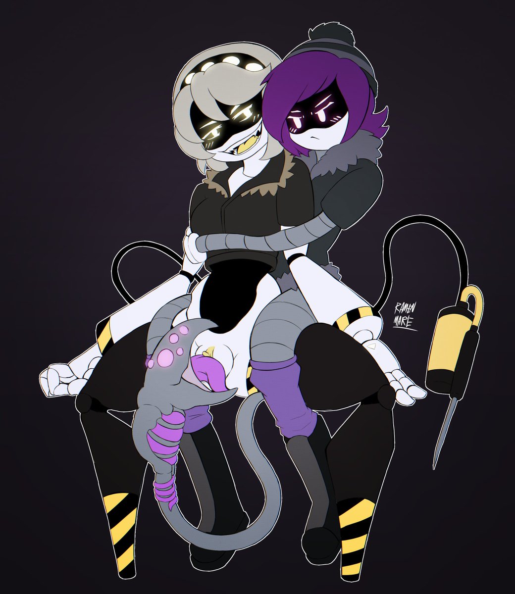 2girls, beanie, black beanie, cunnilingus, disassembly drone, eating pussy, fangs, female, female only, glitch productions, grey hair, grey hair female, lesbian, lesbian sex, licking pussy, murder drones, purple eyes, purple eyes female, purple hair, purple hair female, pussy, ramen mare, robot, screen face, smug, smug grin, smug smile, tail, tongue, uzi (murder drones), v (murder drones), worker drone, yellow eyes, yellow eyes female, yellow tongue, yuri