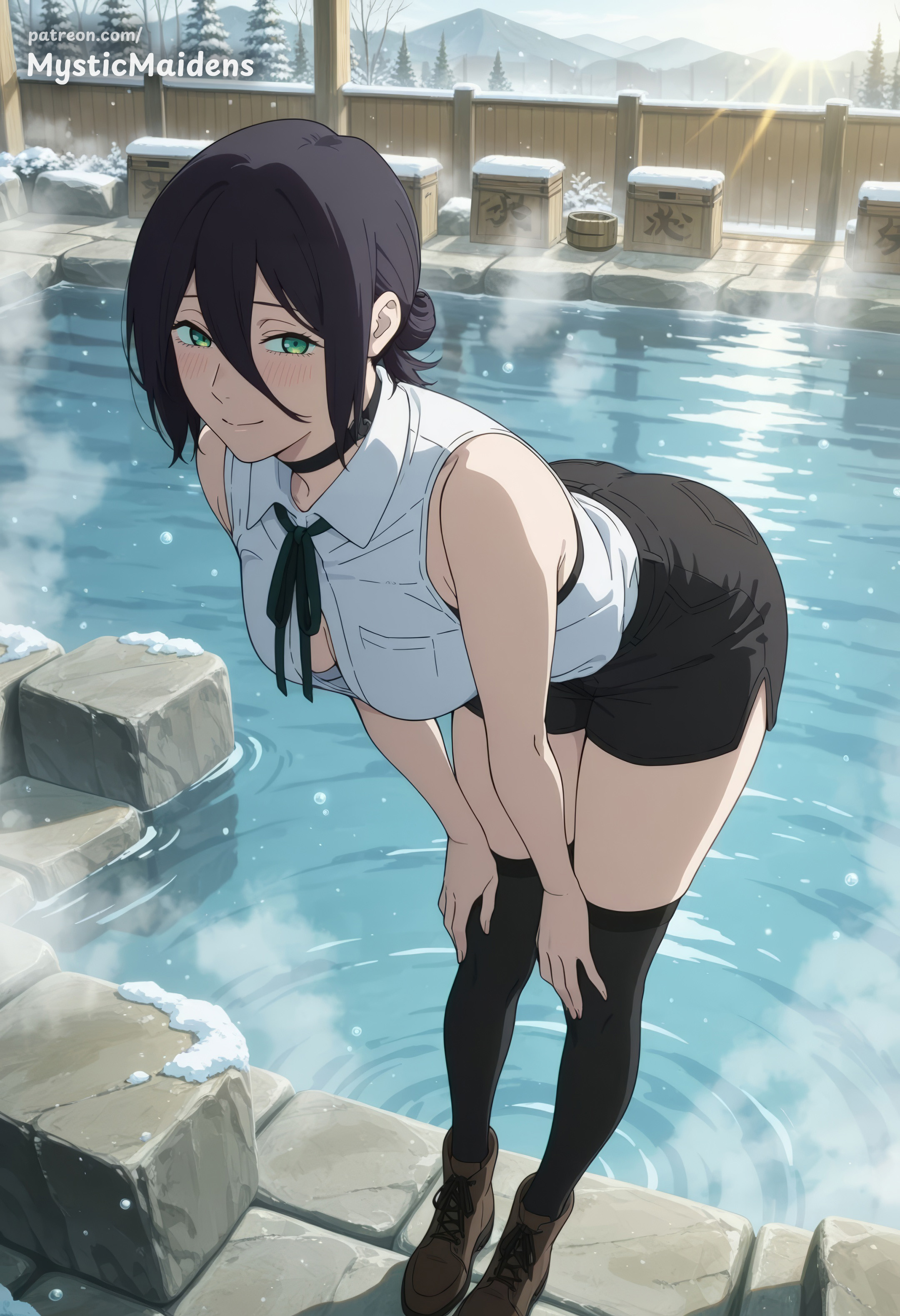 ai generated, anime, anime style, bare shoulders, bent over, black choker, black hair, black ribbon, black shorts, black thighhighs, blush, boots, bra, bra peek, breasts, brown footwear, chainsaw man, choker, closed mouth, collared shirt, fanbox username, female, full body, green eyes, hair between eyes, hair bun, hands on own knees, hentai, hi res, leaning forward, looking at viewer, medium breasts, mystic maidens, neck ribbon, outdoors, patreon, patreon username, reze (chainsaw man), ribbon, shirt, short hair, shorts, single hair bun, sleeveless, sleeveless shirt, smile, snow, solo, standing, thighhighs, thighs, underwear, water, white shirt, winter