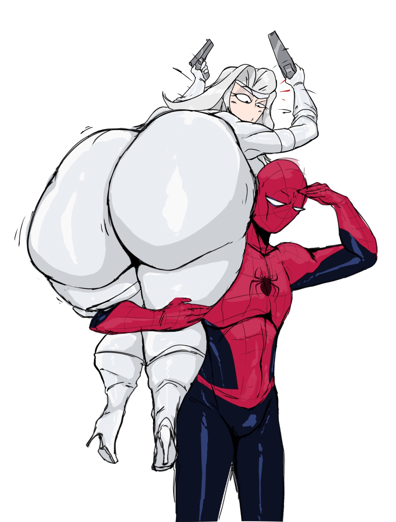 1boy, 1girls, ass, ass focus, big ass, bubble butt, butt, carrying, carrying over shoulder, dat ass, fat ass, female, gigantic ass, huge ass, large ass, marvel, massive ass, peter parker, silver sable, silver sable (insomniac), spider-man, spider-man (ps4), spider-man (series), theimmortalguy, thick, thick ass, thick thighs