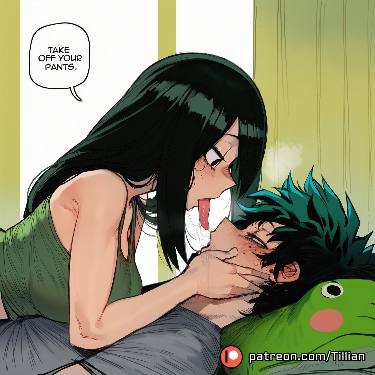 1boy, 1girls, abs, accurate art style, ai generated, asui tsuyu, bare shoulders, black eyes, black hair, blush, boku no hero academia, breasts, comic, cowgirl position, eye contact, female, freckles, from side, green eyes, green hair, green-haired female, green-haired male, izuku midoriya, large breasts, long hair, looking at another, lying, midoriya izuku, my hero academia, on back, open mouth, pillow, saliva, saliva trail, shirt, speech bubble, straight, tank top, tillian, tongue, tongue out, twitter logo