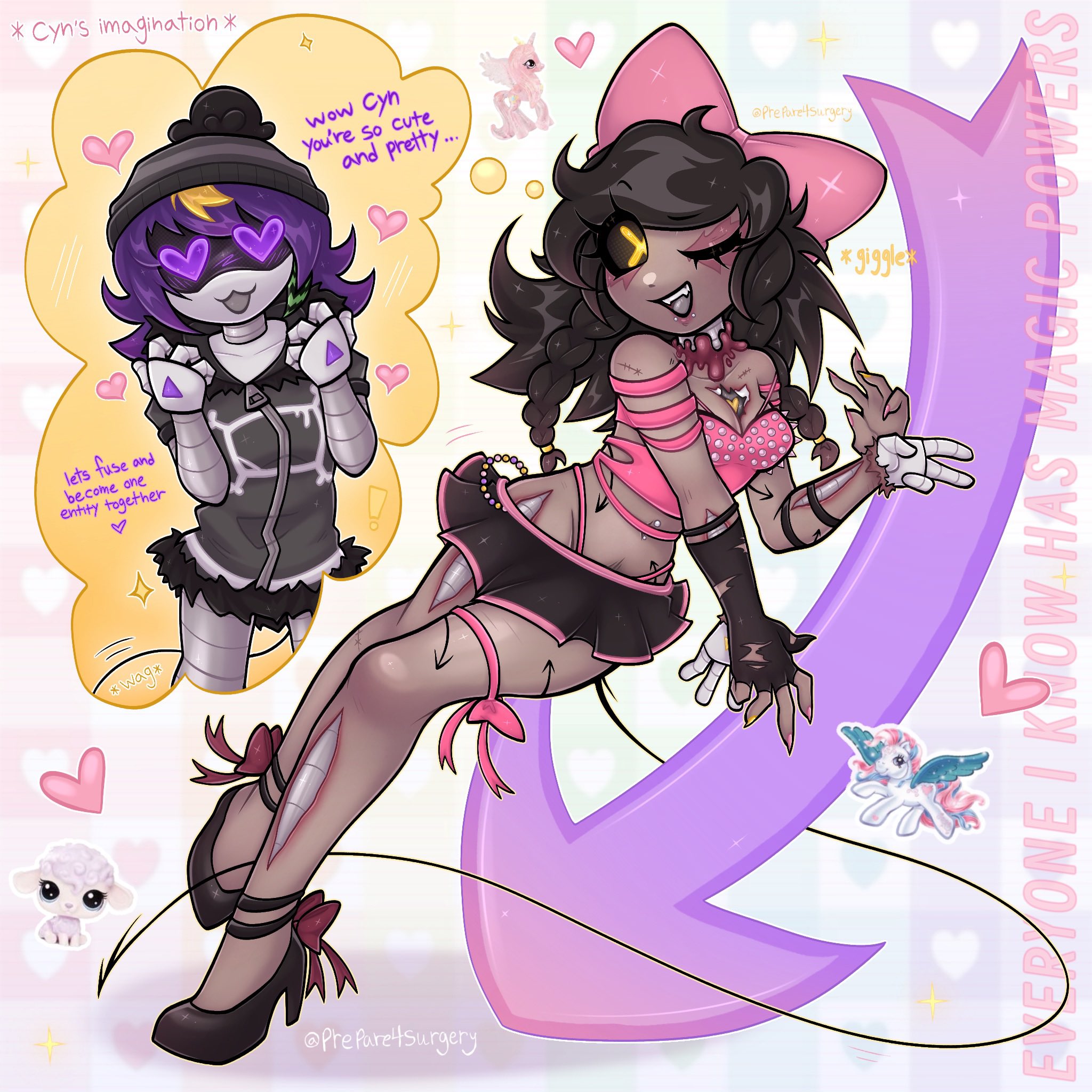 2girls, beach, belly, bikini, blood, braided bangs, clothed, cute, cyn (murder drones), cyntessa (murder drones), glitch productions, heels, high heels, hips, hug, murder drones, piercings, prepare4surgery, selfie, short skirt, skinsuit, suggestive, tattoo, thighs, uzi (murder drones), wearing skin, yuri