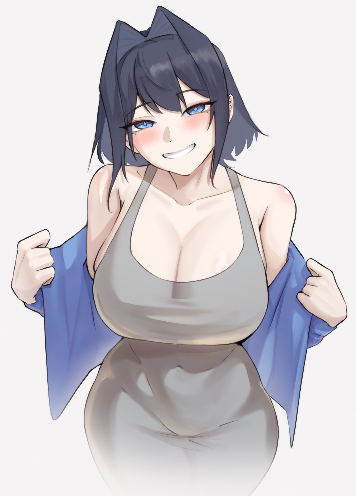1girls, bare shoulders, big breasts, blue eyes, blue hair, blush, breasts, cleavage, collarbone, covered navel, dongtan dress, eyebrows visible through hair, female, female only, grin, hair intakes, hololive, hololive english, hololive english -council-, hololive english -promise-, jacket, large breasts, looking at viewer, nurizza ilst, ouro kronii, short hair, smile, solo, striped, virtual youtuber