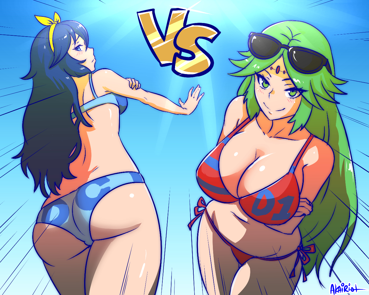 2girls, akairiot, ass, back, backboob, big ass, big breasts, big butt, big thighs, bikini, blue bikini, blue eyes, blue hair, blush, breasts, cleavage, company connection, crossover, curvy, duo, female, female only, fire emblem, fire emblem awakening, green eyes, green hair, half-closed eyes, human, kid icarus, light skin, light-skinned female, long hair, looking at viewer, looking back, looking back at viewer, lucina (fire emblem), multiple females, multiple girls, nintendo, palutena, red bikini, smile, standing, straight hair, sunglasses, sunglasses on head, text on clothing, thick, thick ass, thick butt, thick hips, thick thighs, thighs, vs, wide hips