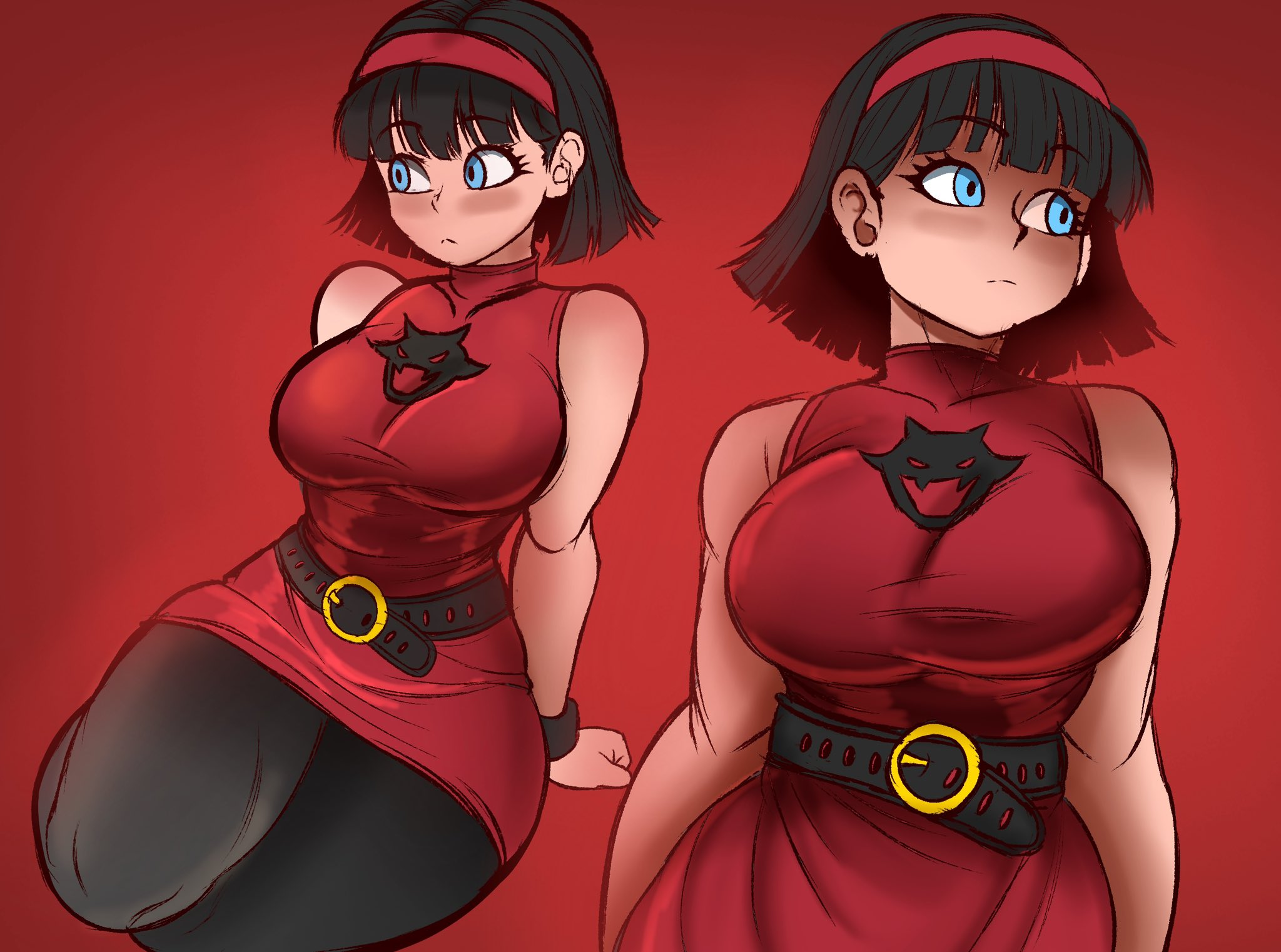 1girls, arms behind back, bare shoulders, belt, big breasts, black hair, blue eyes, breasts, dragon ball, dress, female, female only, frown, hairband, kwalker1009, large breasts, multiple views, pantyhose, red background, short hair, videl