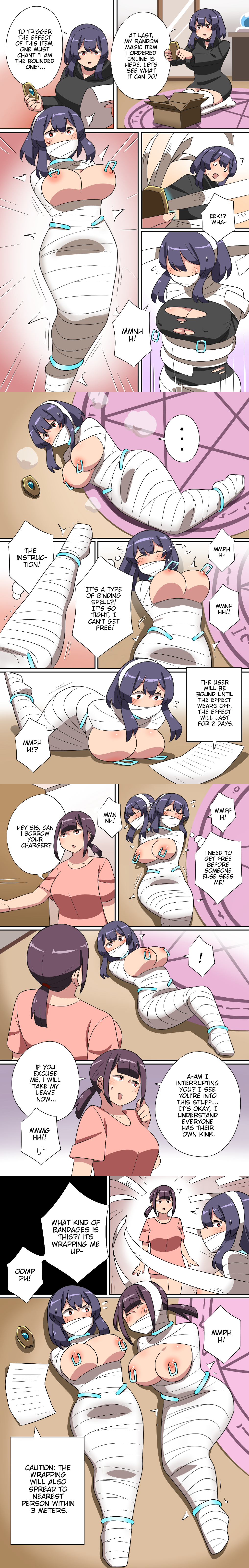 bandage bandages bondage breasts breasts_out comic exposed exposed_breasts exposed_nipples gag gagged gagged_female gagged_speech imbsengirl mummification mummification_(bound) mummified mummy mummy_wrappings nipple_piercing nipples original original_character restrained restraints struggling