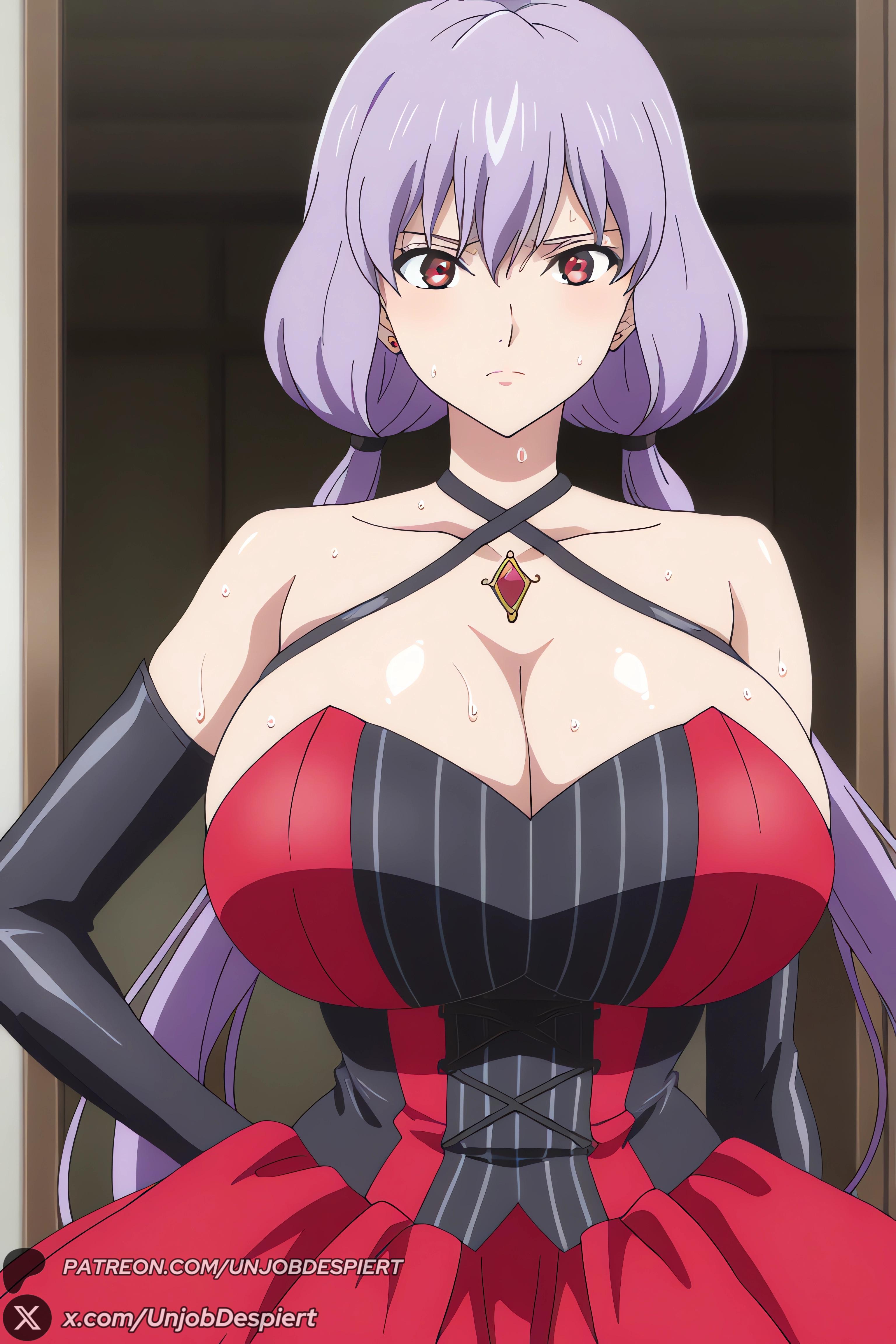 1female, 1girls, 2026, ai generated, artist name, bangs, bare shoulders, big ass, big breasts, breasts, cleavage, collarbone, curvy, dress, elbow gloves, female, female only, gloves, halterneck, hi res, high quality, high resolution, highres, huge ass, huge breasts, jewelry, kyokou suiri, long hair, looking at viewer, low twintails, nanase karin, patreon, patreon username, purple hair, red dress, red eyes, solo, sweat, twintails, unjobdespiert, watermark