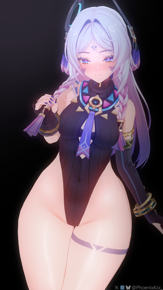 1girls, 3d, blue eyes, blush, citlali (genshin impact), female, genshin impact, leotard, mostly clothed, navel visible through clothes, phoenixkoi, purple highlights, purple nails, silver hair, solo, thigh tattoo, thighs, whitekoi