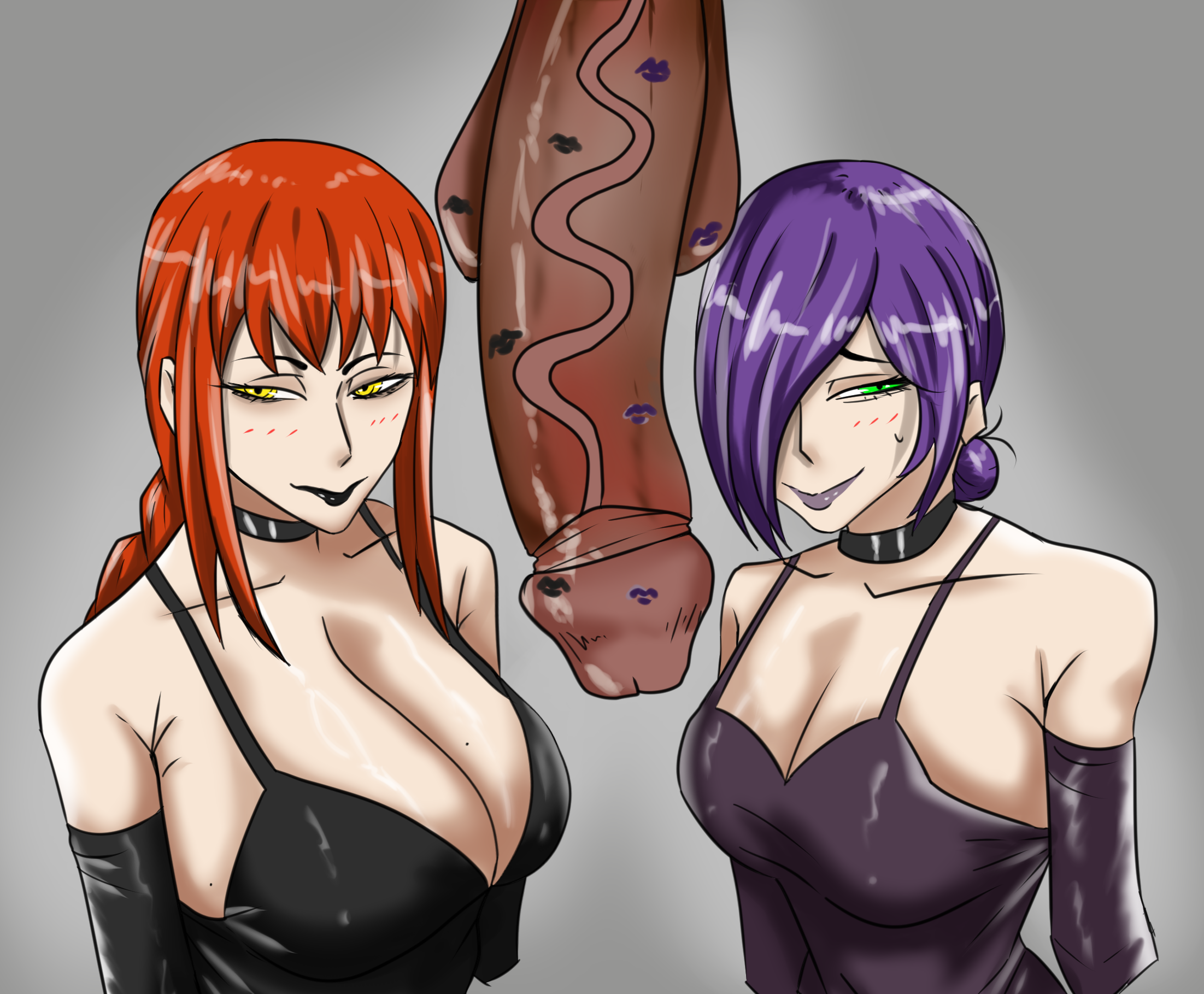 1boy, 2girls, 2girls1boy, ajiasai, big balls, big breasts, big penis, blue hair, chainsaw man, clothed, dress, huge breasts, huge cock, imminent oral, imminent penetration, imminent sex, kiss mark, kissing, kissing penis, kneeling, kneeling oral position, lipstick on balls, lipstick on penis, looking at viewer, makima (chainsaw man), massive penis, multiple girls, rainbow party, red hair, reze (chainsaw man), smaller female, veiny penis