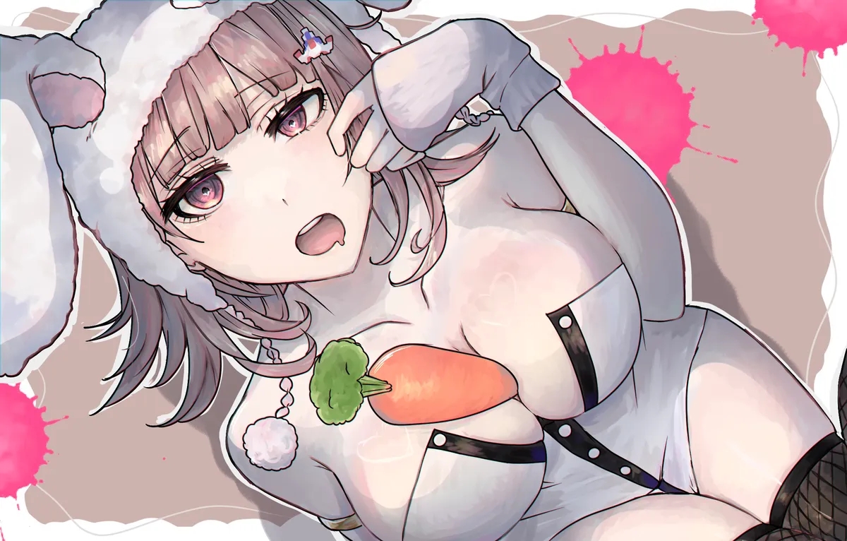 1girls, between breasts, big breasts, breasts, bunny ears, bunny girl, bunnysuit, carrot, curvaceous, curvaceous female, curvaceous figure, curvy, curvy body, curvy female, curvy figure, danganronpa, danganronpa 2: goodbye despair, drowsy, female, female focus, female only, fishnet thighhighs, fishnets, inner sideboob, nanami chiaki, open mouth, pink eyes, pink hair, rose hair, sleepy, spaceship hair ornament, super danganronpa 2, thick, thick thighs, thighhighs, thighs, tisantishow
