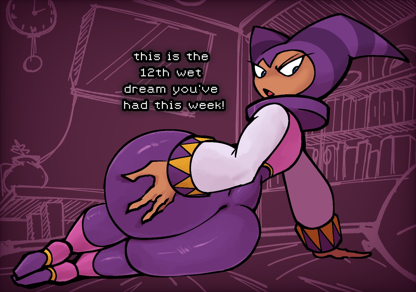 1girl, 2026, 2d, 2d (artwork), 2d artwork, annoyed, ass, big ass, english, english dialogue, english text, female, female focus, female only, jester, looking back, lying, lying down, lying on bed, lying on side, nanodude78, nights, nights (nights into dreams), nights into dreams, solo, tagme, thick, thick ass, thick butt, thick hips, thick legs, thick thighs, wide ass, wide hips, wide spread legs, wide thighs