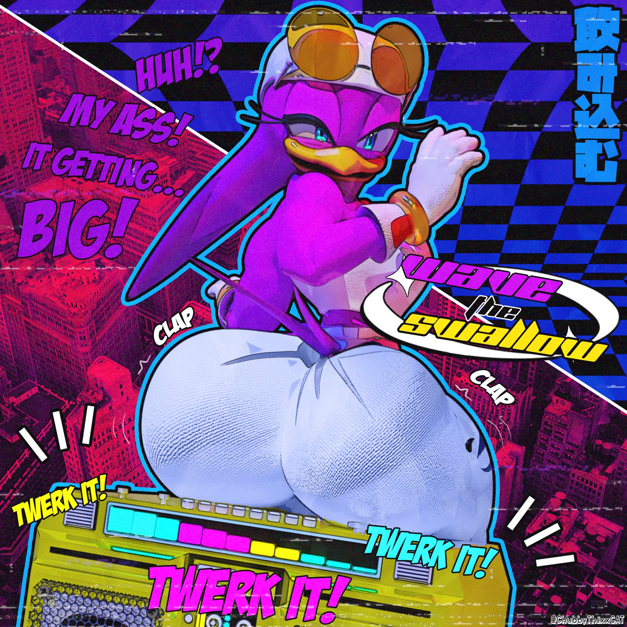1girls, 3d, 3d model, 3d render, ass, ass expansion, ass focus, big ass, big butt, chubbythixxcat, clapping ass, clapping cheeks, female, female only, gold boombox (prevence), huge ass, huge butt, purple body, solo, solo female, sonic (series), sonic the hedgehog (series), talking, text, thick ass, thick thighs, twerk hypnosis, twerking, wave the swallow