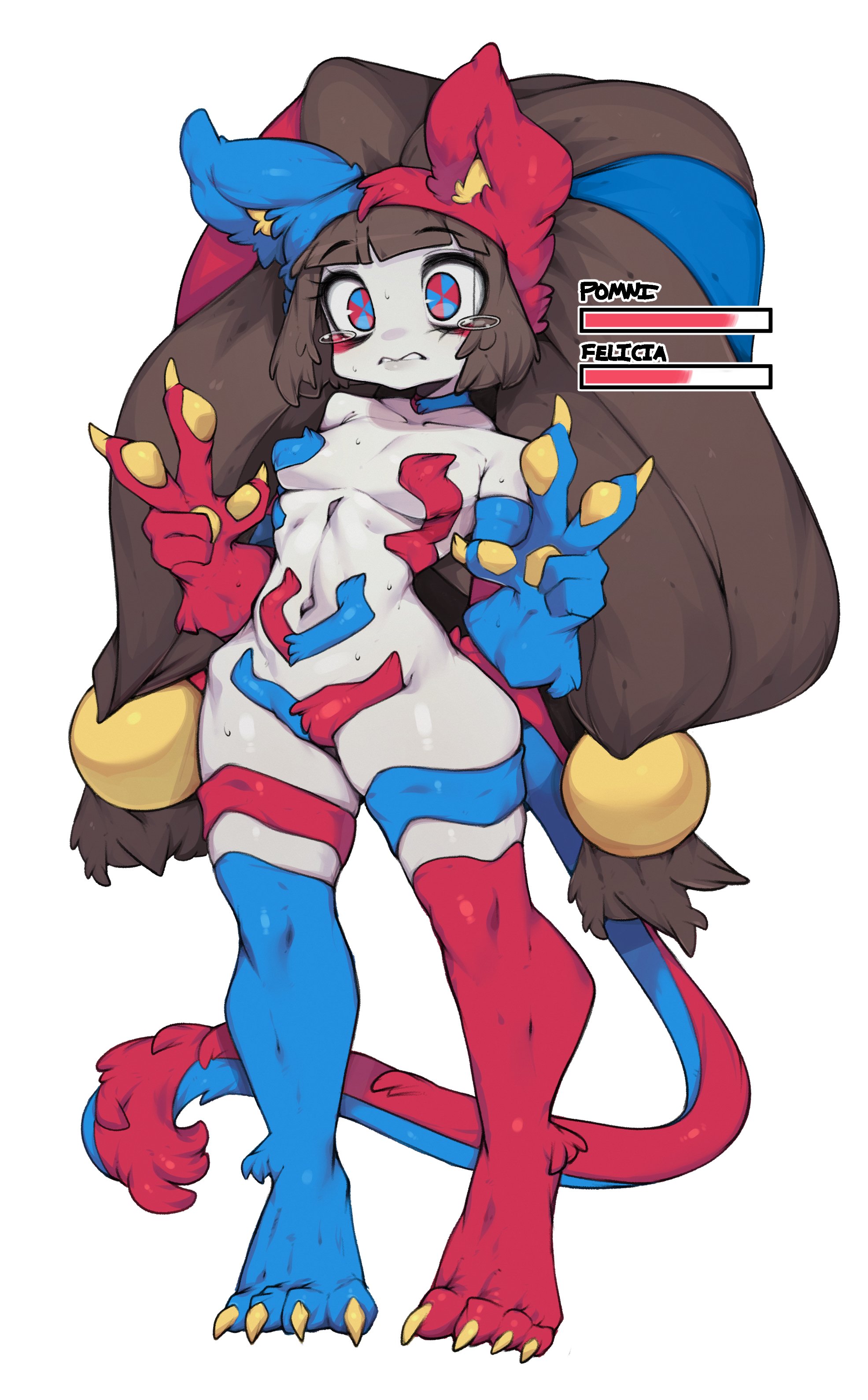 1girls, body modification, breasts, brown hair, cat ears, cat tail, catgirl, cosplay, darkstalkers, felicia (darkstalkers) (cosplay), female, female only, long hair, nonconsensual, nonconsensual body-modification, pomni, pomni (tadc), pomni (the amazing digital circus), slugbox, small breasts, tail, the amazing digital circus