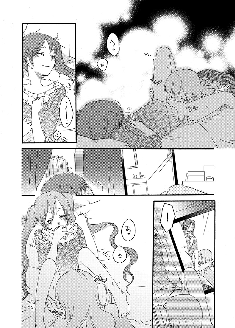 2girls blush closed_eyes comic female hatsune_miku long_hair megurine_luka monochrome multiple_girls sekihara_umina text tied_hair translation_request twintails vocaloid yuri