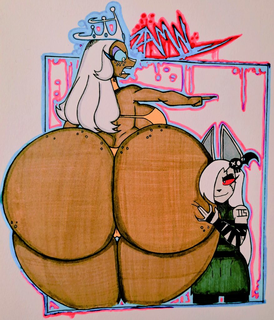 armwear, big ass, big breasts, black skin, female, gloves, hazbin hotel, helluva boss, huge ass, huge breasts, large ass, large breasts, millie (helluva boss), nutboiart8008, red skin, sera (hazbin hotel), stirrup legwear, tagme, toeless legwear, wide hips