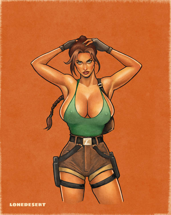 2d, big breasts, breasts, breasts too big, busty, cleavage, erect nipples, female, female only, imminent wardrobe malfunction, inconvenient boobs, inconvenient breasts, lara croft, lara croft (classic), lonedesert, nipple bulge, overflowing breasts, pinup, pinup pose, sideboob, tagme, tomb raider, tomb raider (classic), too tight, undersized clothes, undersized clothing