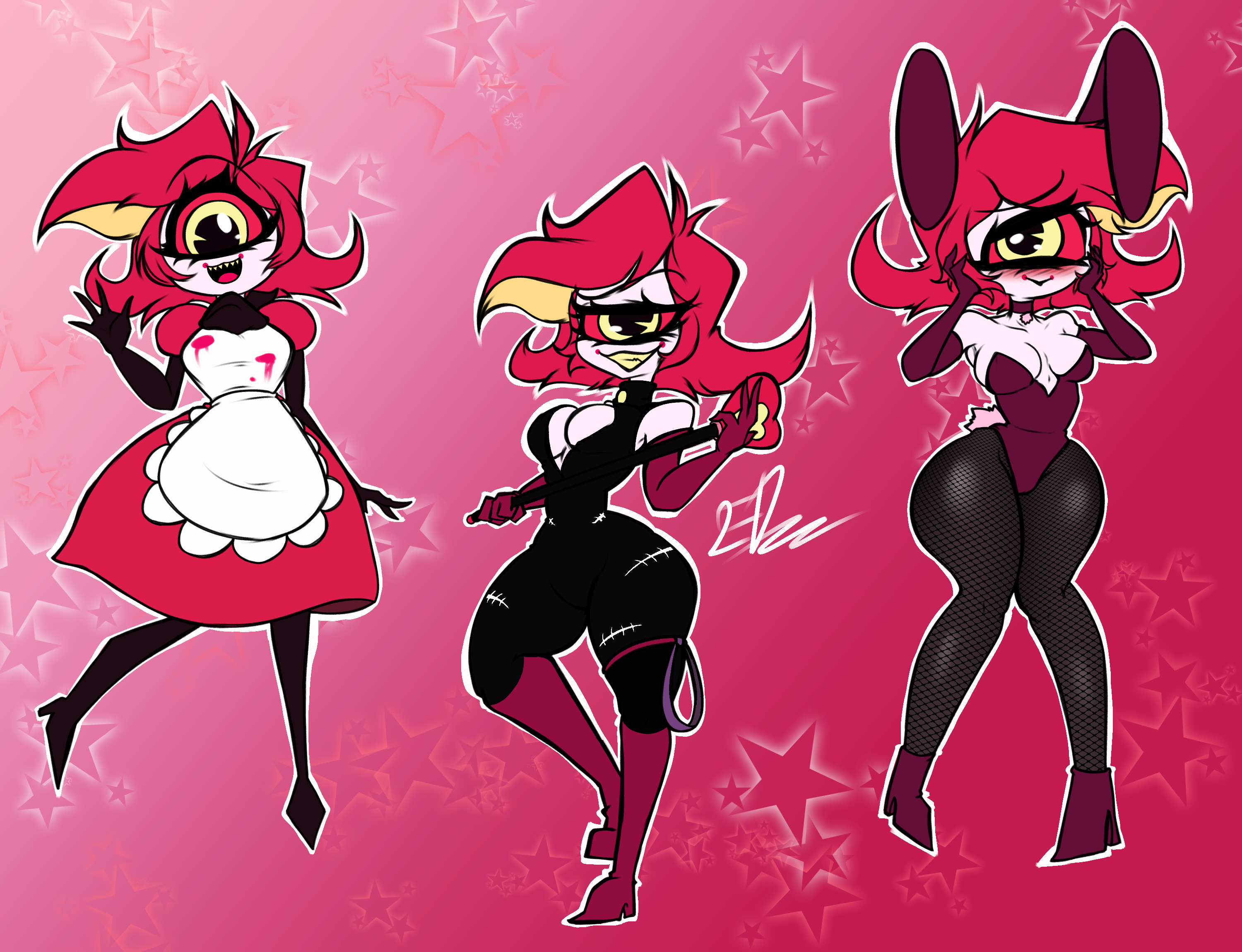 3girls, bdsm outfit, bunny ears, bunnysuit, cyclops, demon, demon girl, edworld, hazbin hotel, niffty, one eye, pink dress, small waist, smaller female, thick thighs