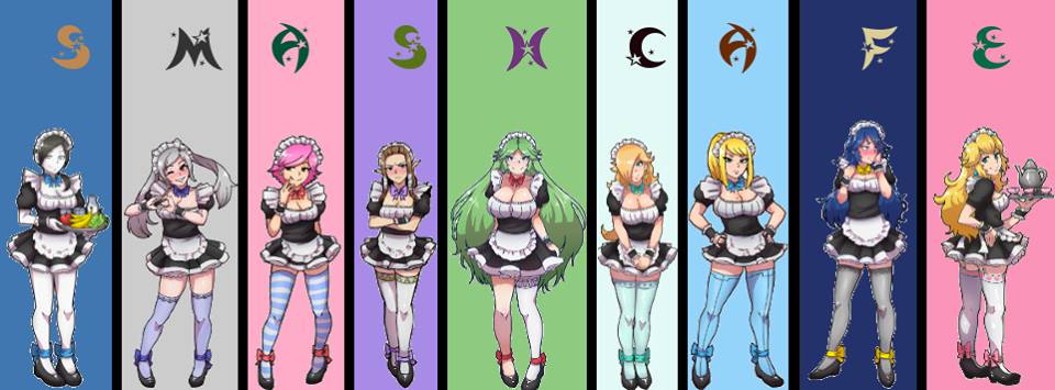 6+girls, 9girls, akairiot, animal crossing, animal crossing girl, big breasts, black hair, blonde hair, blue hair, blush, breasts, brown hair, clothed, crossed arms, female, female only, fire emblem, fire emblem awakening, fully clothed, green hair, grey hair, human, kid icarus, lineup, looking at viewer, looking back, lucina (fire emblem), maid, maid outfit, mario (series), metroid, multiple females, multiple girls, nintendo, palutena, pink hair, princess peach, princess rosalina, princess zelda, robin (fire emblem), robin (fire emblem) (female), samus aran, small breasts, stockings, super smash bros., super smash bros. for nintendo 3ds and wii u, take your pick, the legend of zelda, twilight princess, villager (animal crossing), white skin, wii fit, wii fit trainer, wii fit trainer (female), zelda (twilight princess)