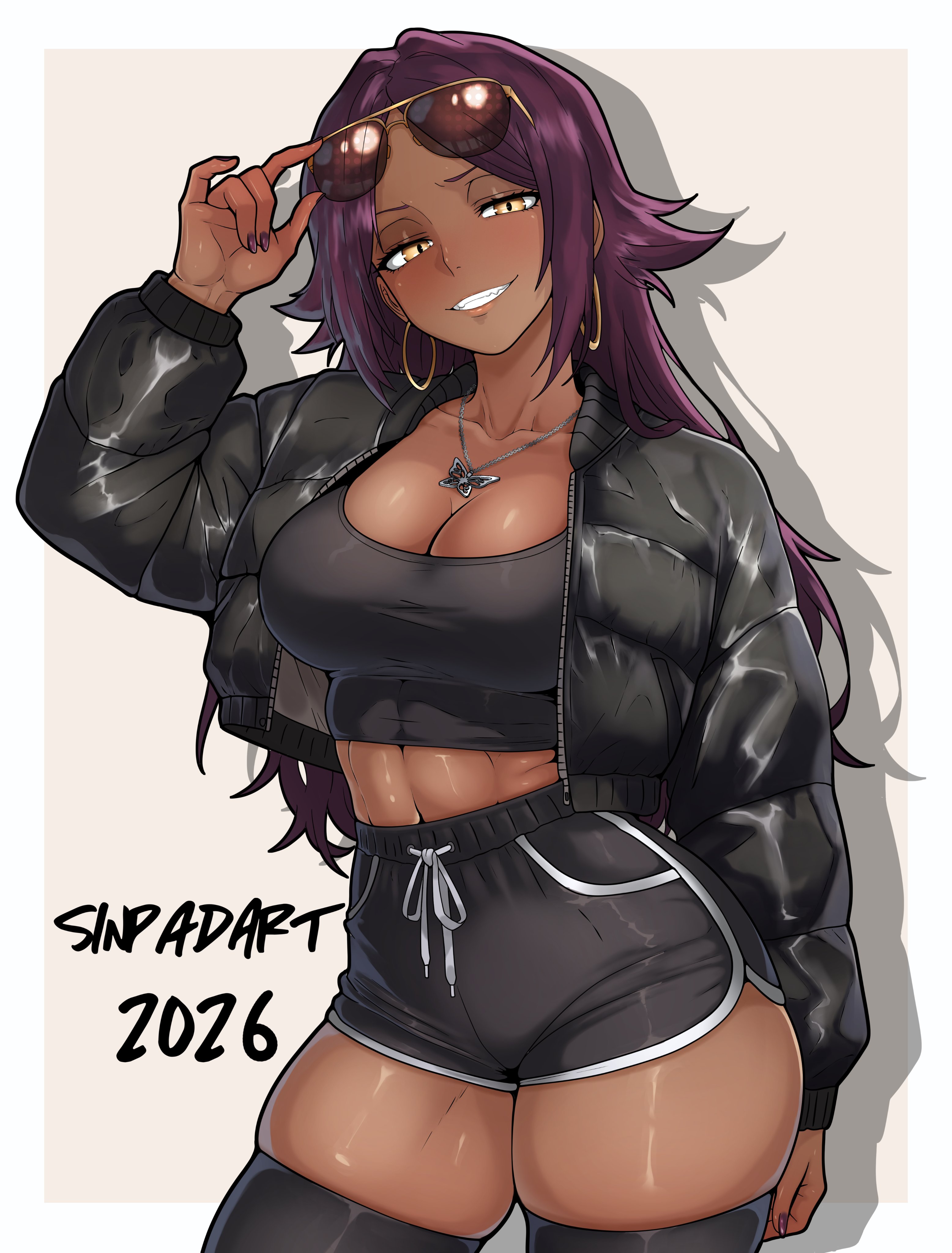 2026, abs, absurdres, adjusting eyewear, alternate costume, artist name, aviator sunglasses, black jacket, black shorts, black sports bra, black thighhighs, bleach, border, breasts, butterfly necklace, cleavage, collarbone, commentary, contrapposto, crop top, dark skin, dark-skinned female, dolphin shorts, down jacket, drawstring, earrings, english commentary, eyewear on head, female, grin, hair down, hand up, highres, hoop earrings, jacket, jewelry, large breasts, long hair, looking at viewer, midriff, navel, parted bangs, purple hair, purple nails, shadow, shihouin yoruichi, short shorts, shorts, sinpadart, skindentation, smile, solo, sports bra, sunglasses, thick thighs, thighhighs, thighs, tied drawstring, toned, toned female, very long hair, white border, yellow eyes