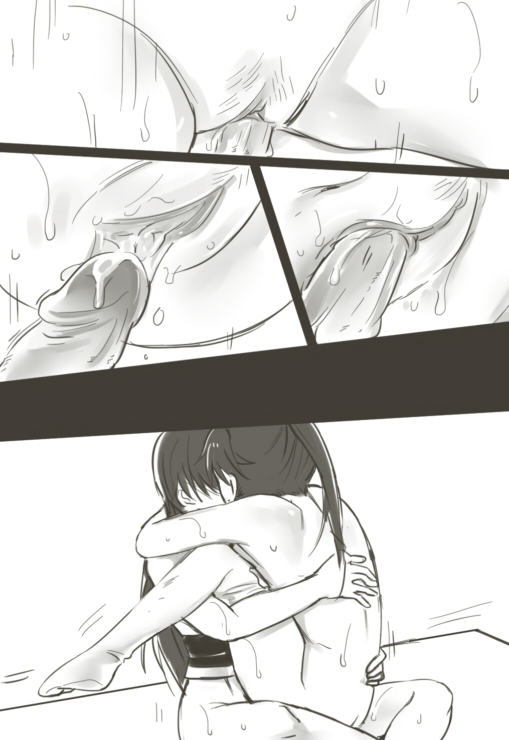 2girls bai_lao_shu comic futa_with_female futanari hair highres houshou_(kantai_collection) intersex kantai_collection long_hair monochrome multiple_girls nagato_(kantai_collection) penis pussy pussy_juice sex silent_comic