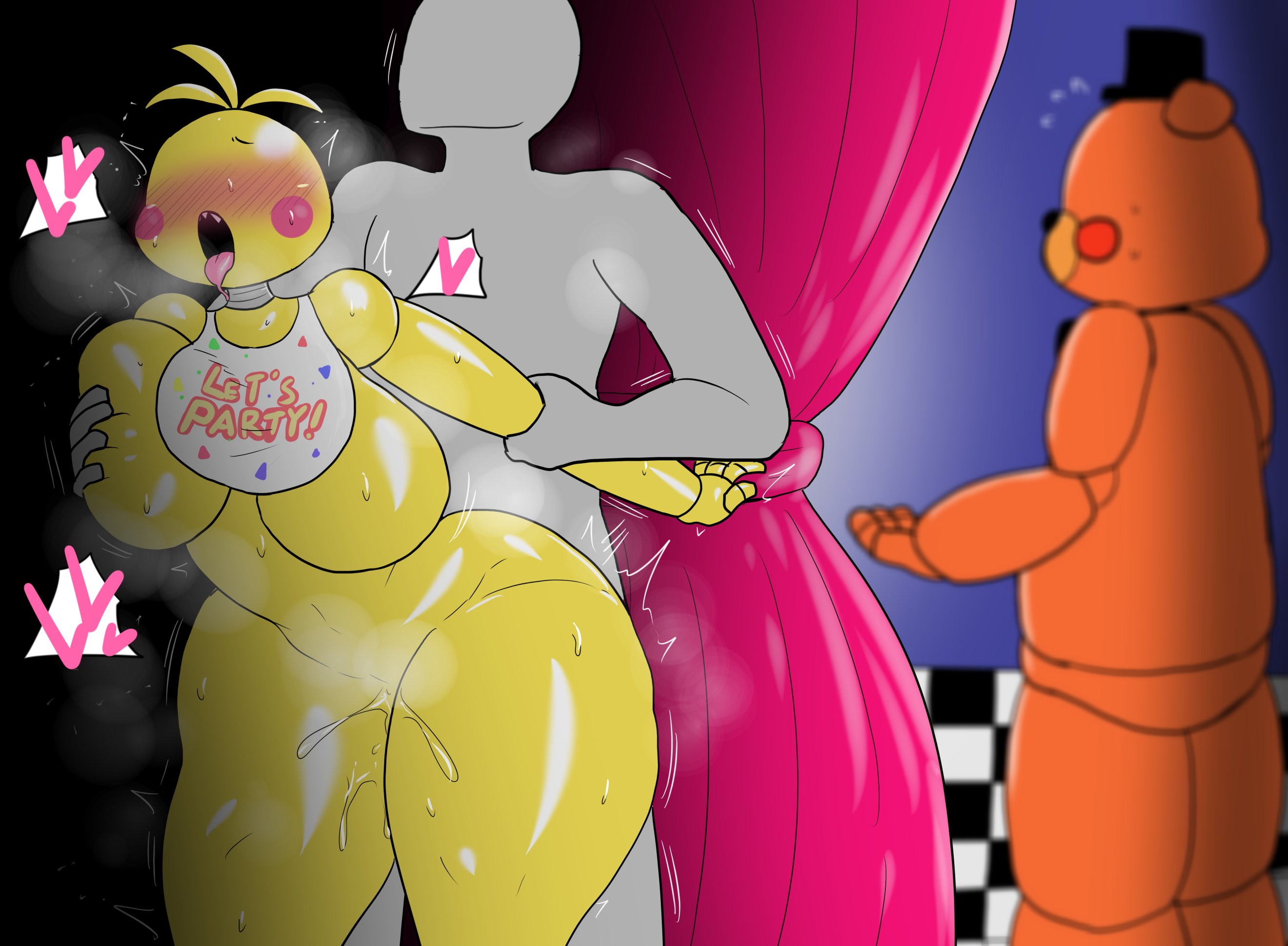 1boy, 2boys, anthro, breasts, enigi09, female, female focus, five nights at freddy's, five nights at freddy's 2, from behind, human, large breasts, male, robot, robot girl, sex, stealth sex, straight, thick thighs, thighs, toy chica (fnaf), toy freddy (fnaf), wide hips