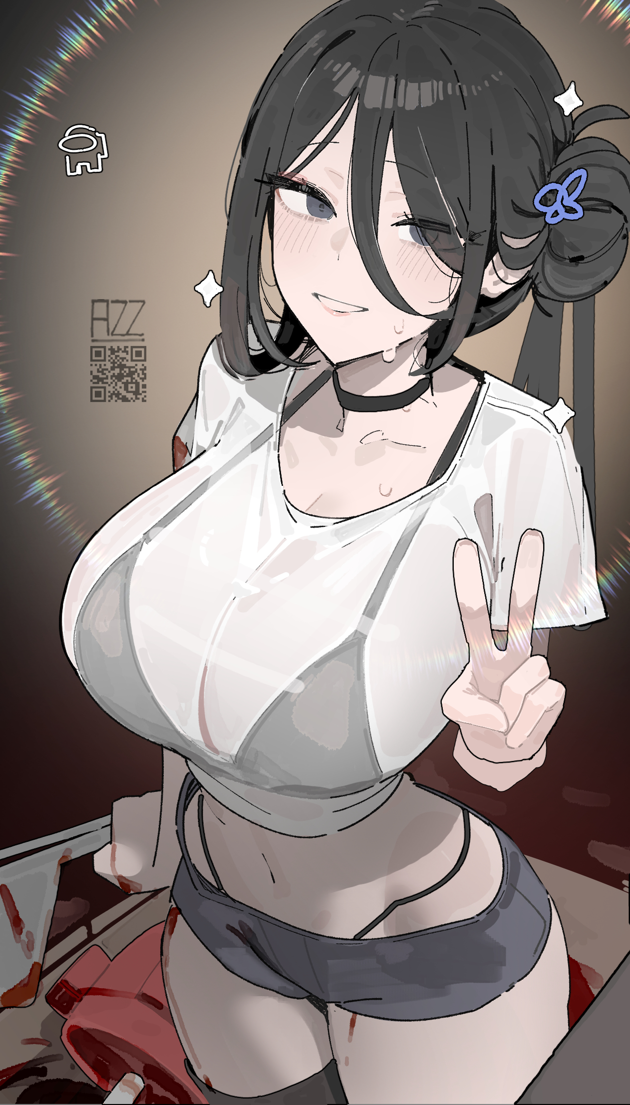 1girls, 2026, among us reference, azz0422, big breasts, black bra, black eyes, black hair, blood drip, breasts, clothed, clothing, color, curvy, curvy figure, female, female only, fully clothed, hi res, huge breasts, impostor, light skin, light-skinned female, long hair, looking at viewer, looking up, meme, oc, open mouth, original, original character, see-through clothing, simple background, sus, sweat, sweatdrop, v, v sign