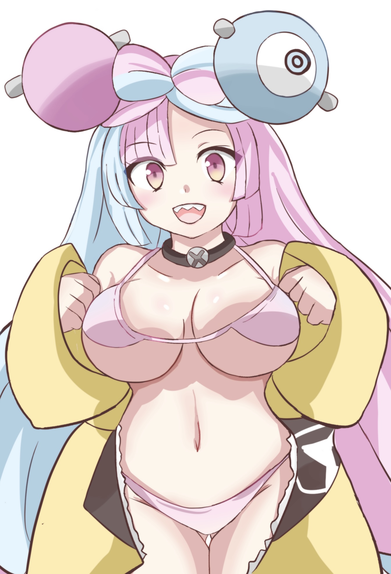 :d, 1girls, bikini, breasts, clothing, curvy, female, gluteal fold, iono (pokemon), large breasts, legs together, long hair, looking at viewer, open jacket, open mouth, pink bikini, pokemon, pokemon sv, retori tori, sharp teeth, smile