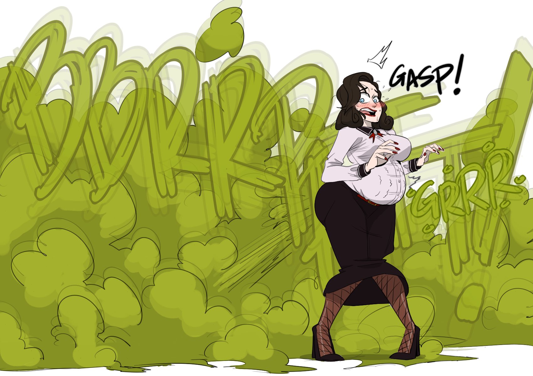 1girls, 2020s, 2023, 2023s, ass, big ass, big breasts, bioshock, bioshock infinite, black heels, black shoes, black skirt, blue eyes, blush, breasts, brown hair, brunette futa, brunette hair, burial at sea, buttoned shirt, comission, curvaceous, curvy, curvy body, curvy female, curvy figure, dark brown hair, dark hair, digital drawing (artwork), digital media (artwork), elizabeth comstock, elizabeth comstock (burial at sea), fair skin, fair skinned female, fair-skinned female, fair-skinned female body, fart, fart cloud, fart fetish, farting, female, female only, fetish, fishnet clothing, fishnet legwear, fishnet stockings, full body, full of gas, fully clothed, gasp, gasping, green fart, green fart cloud, green gas, green gas cloud, hyper fart, jpg, kirathepenguin, no background, onomatopoeia, painted fingernails, part of a set, red fingernails, red lipstick, shocked, shocked expression, shocked eyes, shoes, short hair, simple background, skirt, solo, solo female, solo focus, text, thick legs, thick thighs, twitter link, video game character, video game franchise, video games, voluptuous, voluptuous female, white background, white shirt