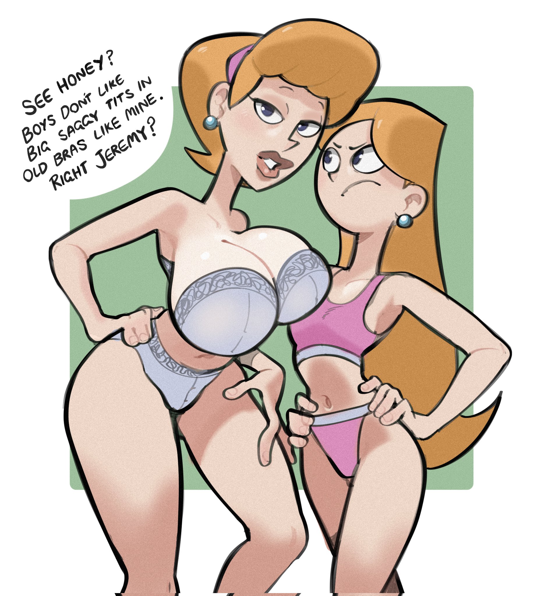 2girls, aged up, big breasts, big lips, breast envy, breast size difference, candace flynn, flat chest, frown, hand on hip, hand on thigh, hands on hips, hourglass figure, jealous, linda flynn-fletcher, lingerie, looking at viewer, mother and daughter, mother daughter boob envy (meme), numbskull, phineas and ferb, red hair, small breast humiliation, small breasts, sports bra, underwear