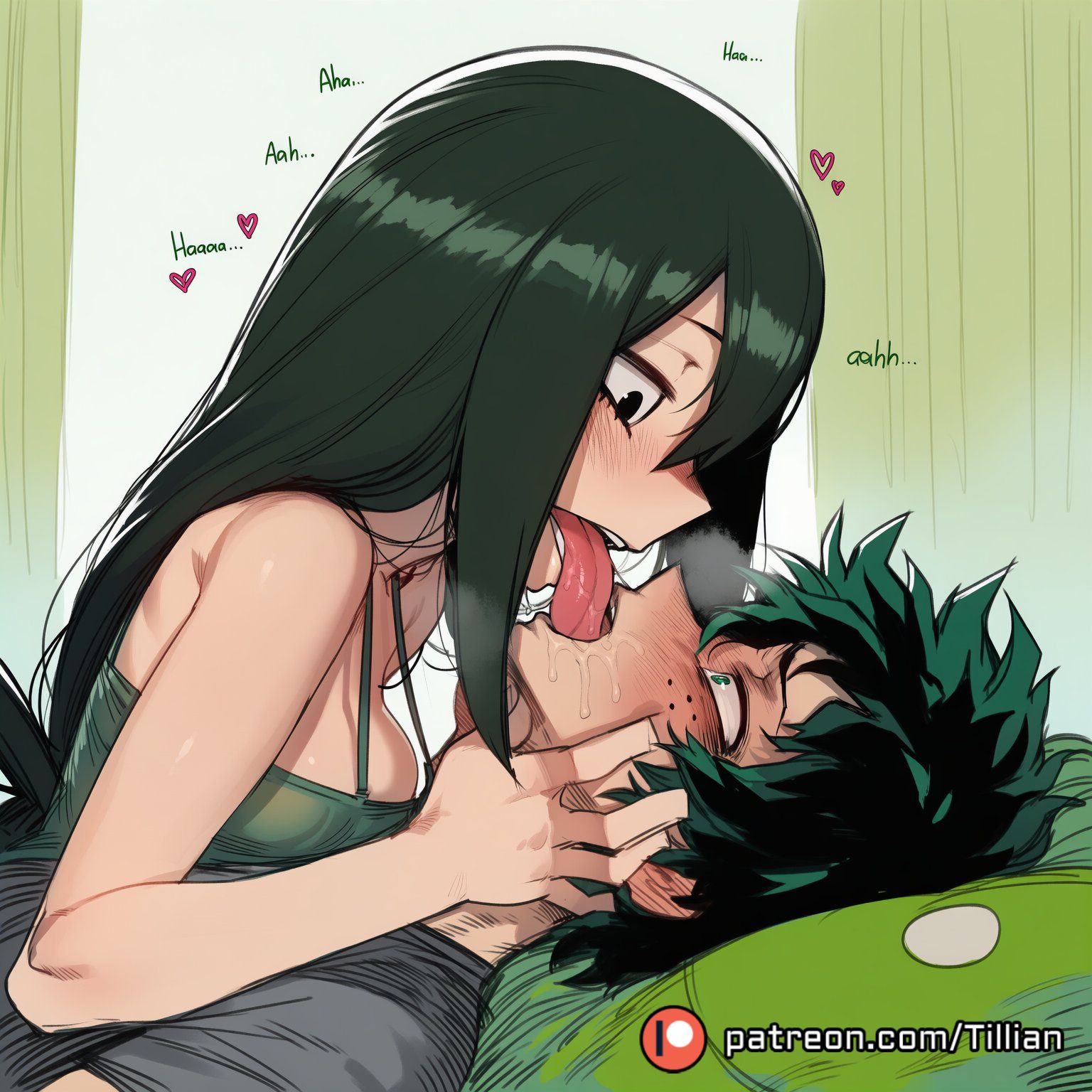 1boy, 1girls, abs, accurate art style, ai generated, assertive female, asui tsuyu, bare shoulders, black eyes, black hair, blush, boku no hero academia, breasts, comic, cowgirl position, english text, female, freckles, french kiss, green eyes, green hair, green-haired female, green-haired male, heart, izuku midoriya, kissing, long hair, long tongue, looking at another, lying, medium breasts, midoriya izuku, my hero academia, on back, patreon username, saliva, straight, tillian, tongue, tongue out