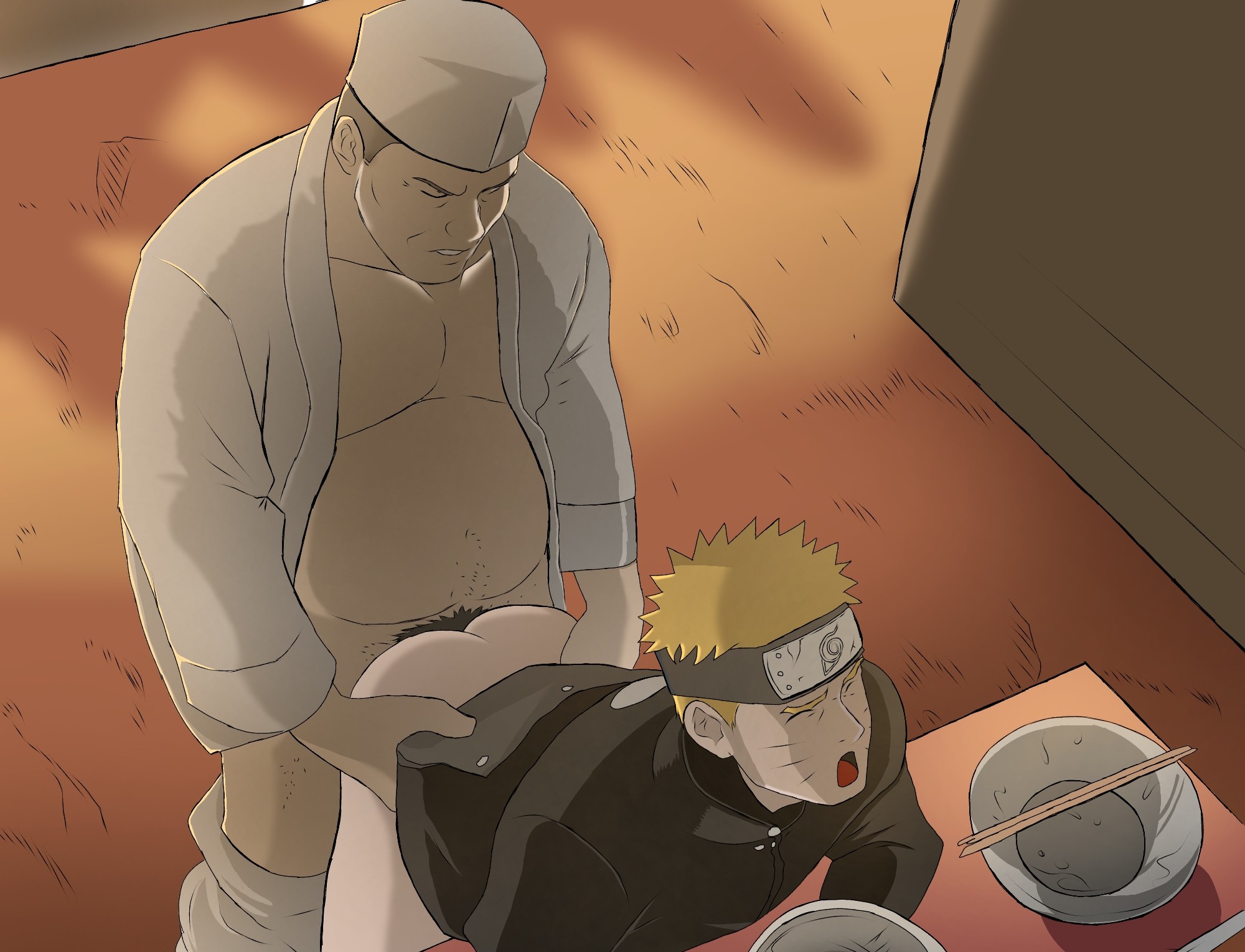 alterinku, anal sex, bicurious, colored, curious, dilf, doggy style, fat male, from behind, gay, gay male, naruto, naruto (series), naruto shippuden, recolored, teuchi (naruto), twink, uzumaki naruto, yaoi