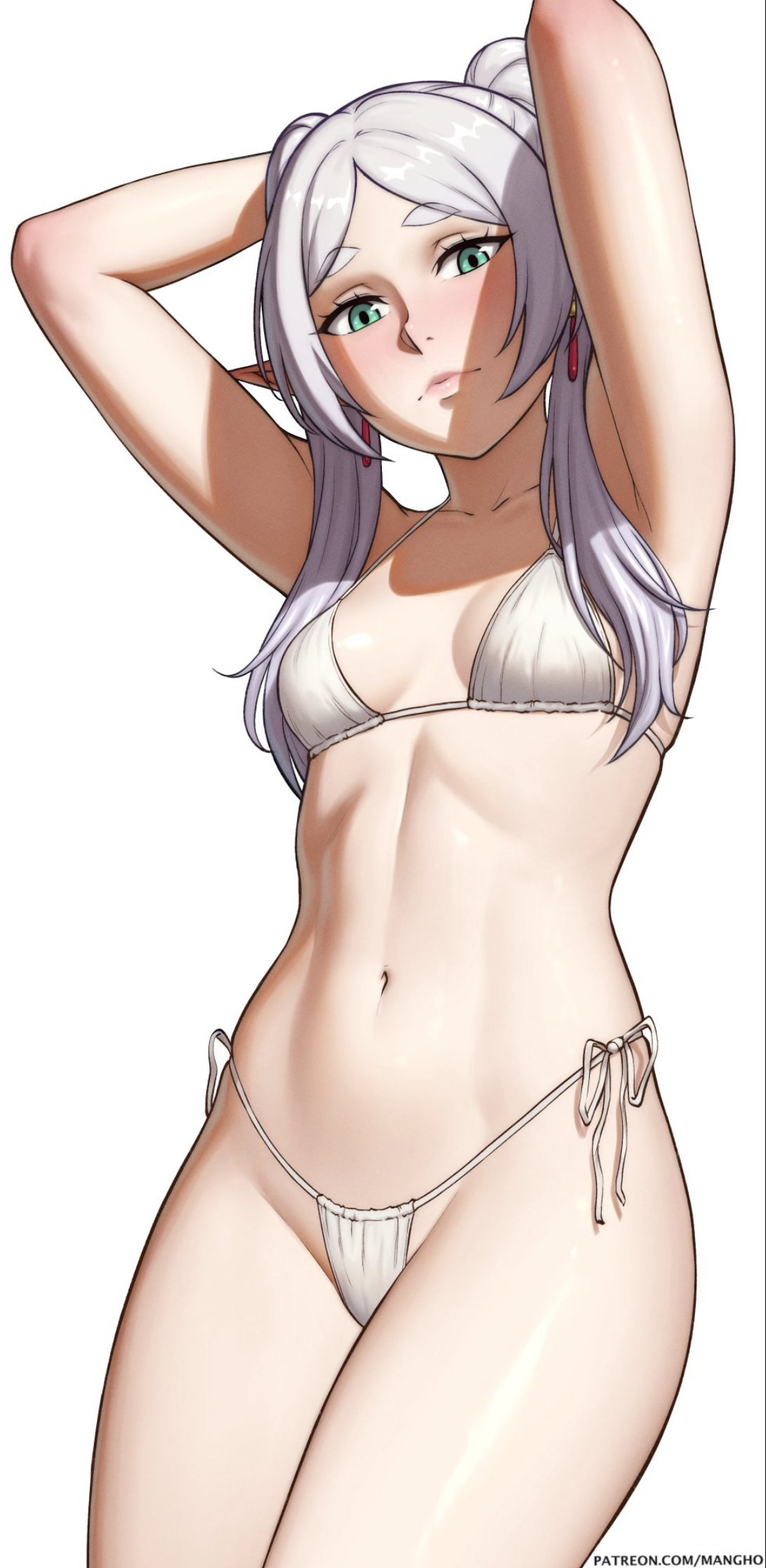 1girls, 2d, armpit peek, belly, belly button, bikini, bikini only, cleavage, cute, cute face, elf ears, elf female, female, female focus, female only, female torso, flat chest, flat chested, frieren, green eyes, hands behind head, hands over head, hips, juicy lips, light skin, light-skinned female, lips, looking at viewer, mangho, midriff, pale skin, pale-skinned female, petite, petite body, petite female, pose, pussy, pussy peek, sexy, sexy body, silver hair, slender body, slender legs, slender thighs, small boobs, small breasts, solo, solo female, solo focus, sousou no frieren, swimsuit, thighs, tiny breasts, tummy