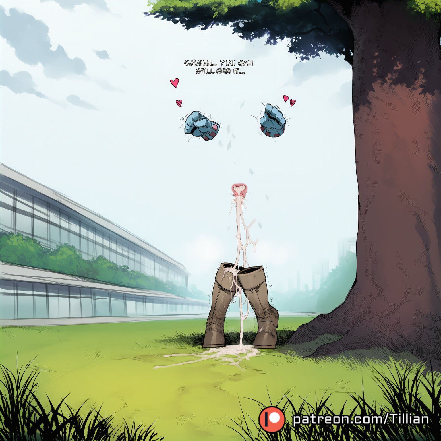 after sex, ai generated, boku no hero academia, boots, brown footwear, building, cloud, cum, cum in pussy, cumdrip, day, ejaculation, english text, female, gloves, grass, heart, internal cumshot, knee boots, my hero academia, outdoors, patreon logo, patreon username, penis, sky, solo, standing, tillian, tooru hagakure, tree, watermark, web address