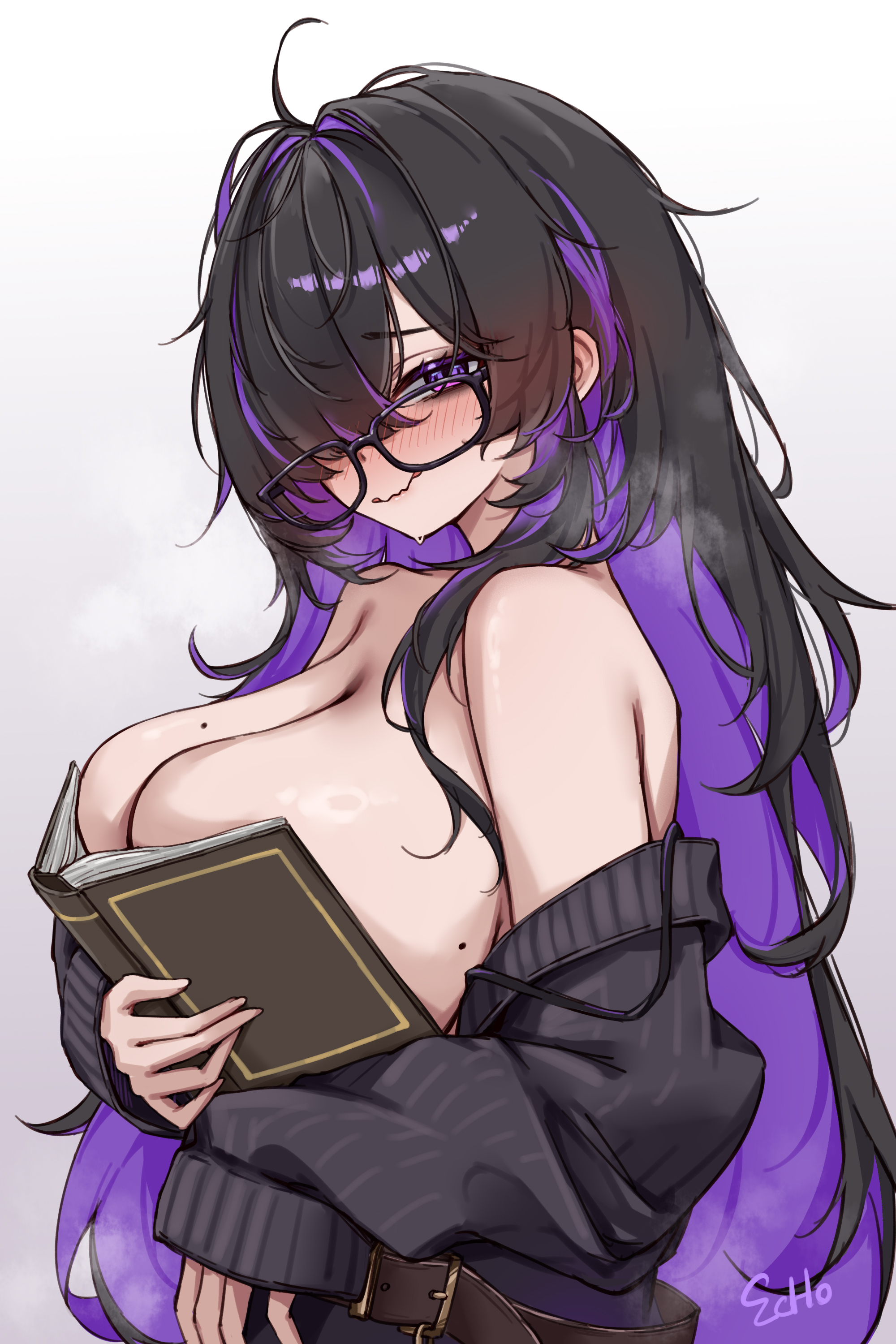 absurdres, bags under eyes, belt, black cardigan, black hair, black-framed eyewear, blush, boobs in book (meme), book, breasts, cardigan, commentary, e.c.ho, english commentary, female, glasses, goddess of victory: nikke, hair over one eye, highres, holding, holding book, label (nikke), long hair, looking at viewer, looking to the side, meme, mole, mole on breast, multicolored hair, nervous smile, no shoes, one eye covered, purple hair, signature, simple background, smile, solo, straight hair, two-tone hair, very long hair, wavy mouth