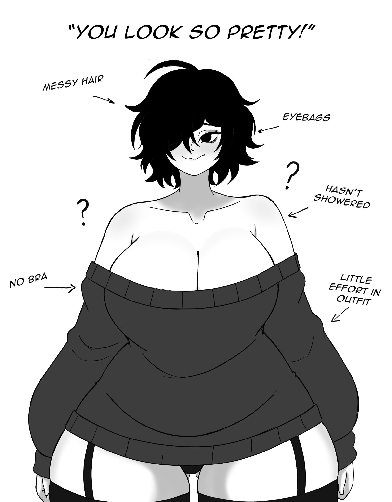 ?, 1girls, 2020s, 2026, 2026s, ass visible through thighs, baggy clothing, big breasts, black and white, braless, breasts, cleavage, english text, eyebags, first porn of character, garter straps, hair over one eye, jpg, messy hair, monochrome, no background, no bra, oc, original, original character, short hair, simple background, stronkbonk, sweater, text, twitter link, white background, white body, white skin