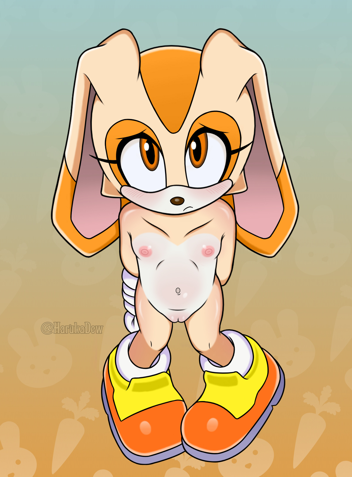 1girls, 5 fingers, abstract background, animal ears, anthro, anthro female, anthro only, anthro solo, areola, artist name, big feet, biped, black nose, blush, blush lines, blushing, breasts, brown eyes, brown nose, bunny, bunny girl, closed frown, clothing, collarbone, completely naked, completely naked anthro, completely naked female, completely nude, completely nude anthro, completely nude female, cream the rabbit, cub, dipstick ears, ear markings, eyelashes, feet, female, female anthro, female cub, female only, fingers, flat chest, floppy ears, footwear, footwear only, frown, fur, furry, furry female, furry only, genitals, gloves, grey clothing, grey footwear, grey shoes, hands behind back, handwear, harukadew, hi res, humanoid genitalia, humanoid vulva, lagomorph, leporid, long ears, looking at viewer, looking up, lop ears, mammal, mobian (species), mostly nude, mostly nude anthro, mostly nude female, mouth closed, multicolored body, multicolored clothing, multicolored ears, multicolored footwear, multicolored fur, multicolored shoes, naked, naked anthro, naked female, naked footwear, navel, nipple dip, nipples, nude, nude anthro, nude female, orange body, orange clothing, orange ear tips, orange ears, orange eyes, orange footwear, orange fur, orange shoes, pigeon toed, pink areola, pink inner ear, pink nipples, plantigrade, pupils, rabbit, rabbit girl, sega, shoes, shoes only, shy, small breasts, socks, solo, solo anthro, solo female, sonic (series), sonic team, sonic the hedgehog (series), standing, tan body, tan ears, tan fur, text, two tone ears, video games, vulva, white body, white clothing, white footwear, white fur, white gloves, white handwear, white socks, yellow clothing, yellow footwear, yellow shoes, young, young anthro, young female