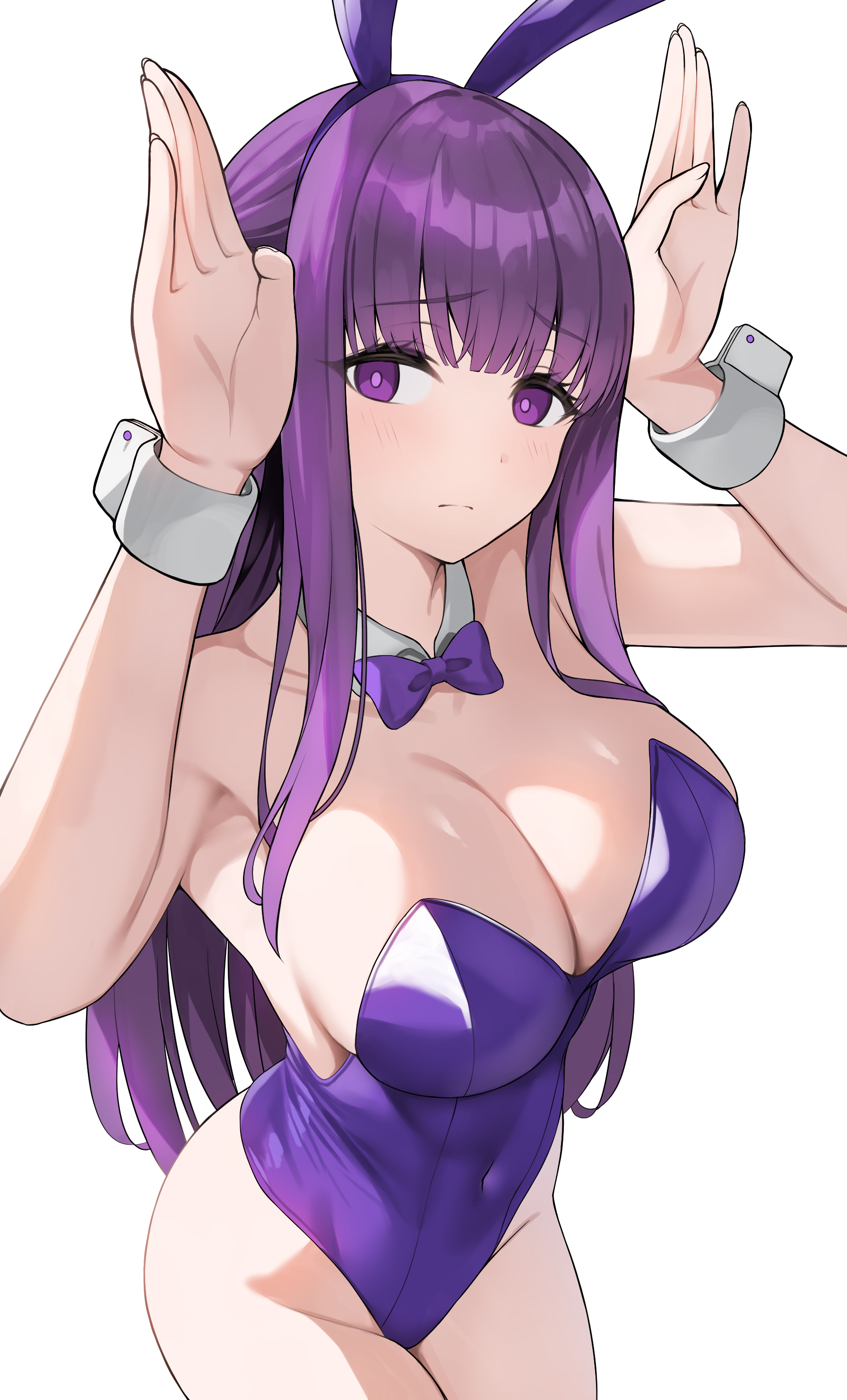 1girls, absurdres, alternate costume, animal ears, bare arms, bare shoulders, bow, bowtie, breasts, cleavage, closed mouth, commentary, covered navel, detached collar, fake animal ears, female, female only, fern (sousou no frieren), hairband, hands up, highres, large breasts, leotard, nano (syoutamho), nano 1227, playboy bunny, purple bow, purple bowtie, purple eyes, purple hair, purple hairband, purple leotard, rabbit ears, revealing clothes, revision, sidelocks, simple background, solo, sousou no frieren, tight clothing, white background, wrist cuffs