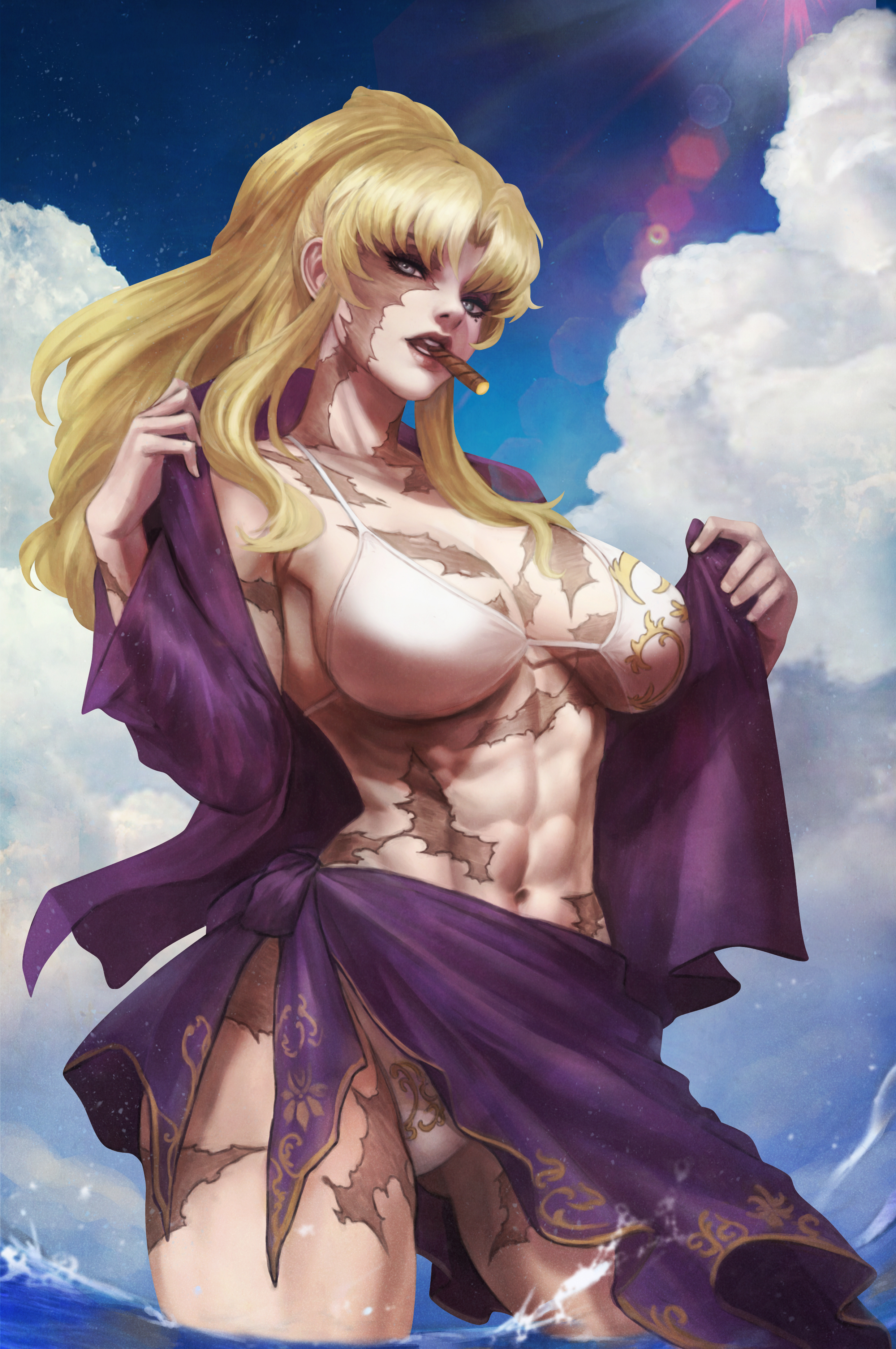 1girls, abs, absurd res, balalaika, beach, bikini, black lagoon, blonde hair, blue eyes, breasts, cigar, cloud, eight pack, female, hi res, looking at viewer, mole, mole under eye, monorirogue, muscular thighs, navel, open shirt, partially submerged, scar on face, scars, scars all over, sea, smoking cigar, solo, swimsuit, toned, toned female, wading, white bikini