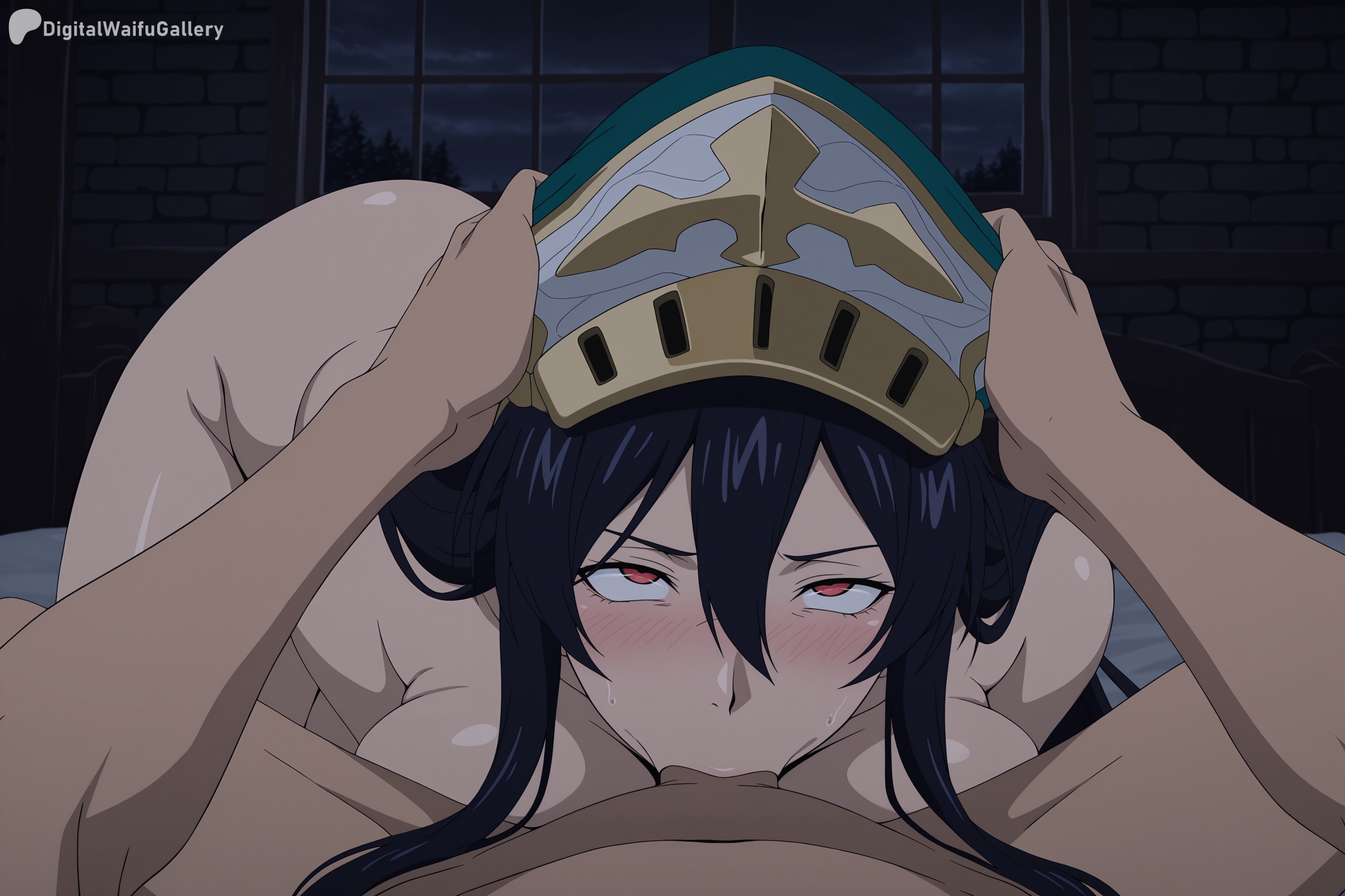 1gir, ai generated, black hair, blush, breasts, female, half-closed eyes, hi res, high quality, high resolution, indoors, kivia patausche, long hair, male, night, nude, on stomach, oral, out of frame, patreon, pov, red eyes, seductive, sex, sexy, straight, tiara, uncensored, yuushakei ni shosu