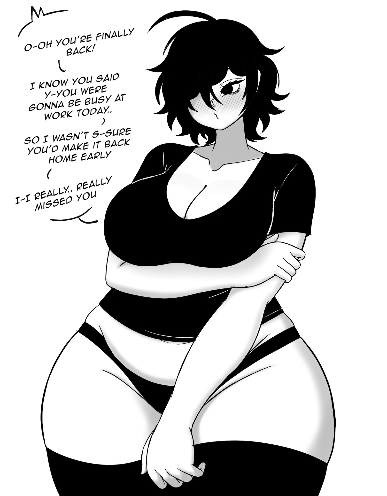 1girls, 2020s, 2026, arm under breasts, big breasts, black and white, black hair, blush, breasts, child bearing hips, curvaceous, curvaceous body, curvaceous female, curvaceous figure, curves, curvy, curvy body, curvy female, curvy figure, curvy hips, digital drawing (artwork), digital media (artwork), female, female only, hair over one eye, jpg, monochrome, no background, no pants, oc, original, original character, panties, shy, shy expression, simple background, simple eyes, simple shading, slightly chubby, slightly chubby female, solo female, solo focus, stronkbonk, thick thighs, thick thighs save lives, white background, wide hips