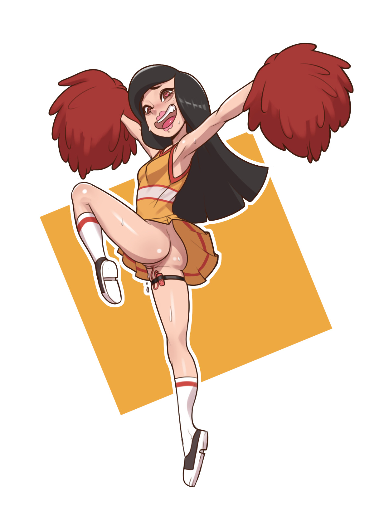 asian female, ass, black hair, breasts, brittney wong, cheerleader, disney, disney channel, disney xd, female, heart-shaped pupils, innie pussy, john doe, knee socks, kneehighs, kneesocks, lipstick, long hair, looking at viewer, makeup, no panties, open mouth, pom poms, pussy, red eyes, skirt, smile, sneakers, socks, solo, star vs the forces of evil, striped socks, sweat, symbol-shaped pupils, thigh strap, vibrator, white socks