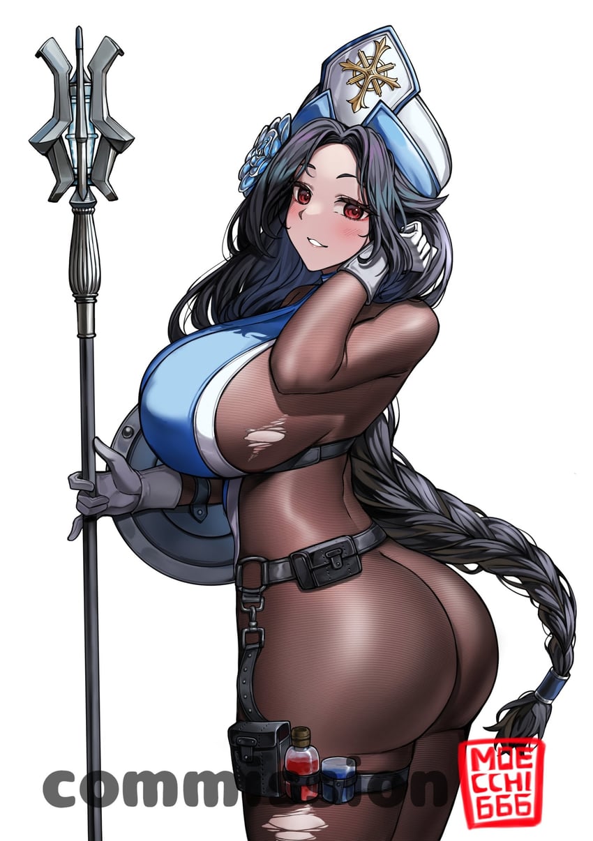 1girls, ass, bangs, big ass, big breasts, black hair, bodystocking, breasts, commission, cowboy shot, dat ass, from side, goddess of victory: nikke, holding weapon, huge ass, huge breasts, maiden (ice rose) (nikke), maiden (nikke), moecchi, parted bangs, potion, potion bottle, priestess, red eyes, sideboob, smile, solo, solo female, standing, torn clothing, watermark, weapon