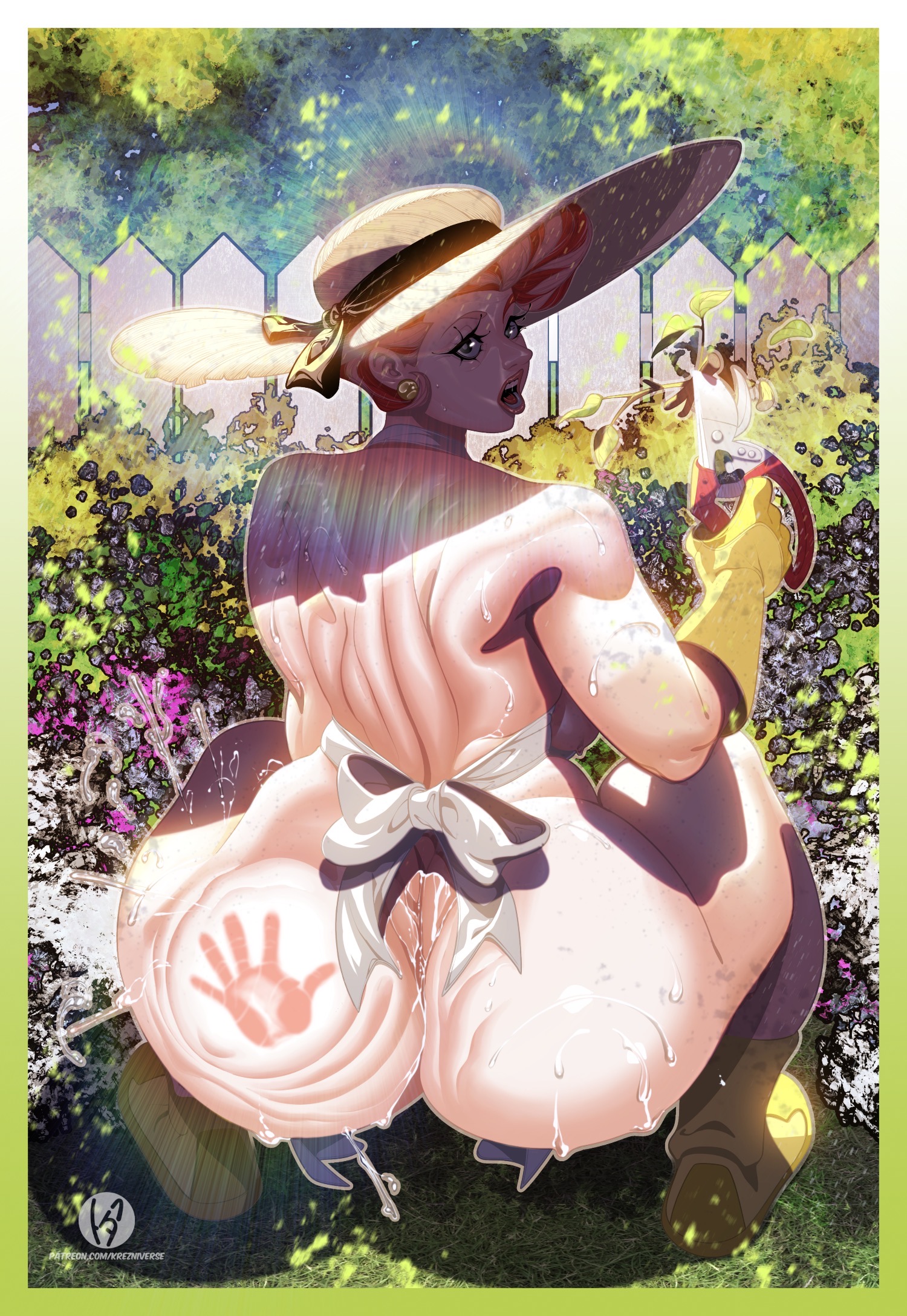1girls, apron, apron only, ass, ass focus, big ass, black eyes, dexter's laboratory, dexter's mom, ear piercing, earrings, female, female only, footwear, gloves, grass, grass field, hair, hand mark, handwear, hat, headwear, holding object, huge ass, krezniverse, latex, latex gloves, lips, lipstick, mature, mature female, mature woman, milf, mother, naked apron, naked footwear, orange hair, red lips, red lipstick, slap mark, slap mark on ass, solo, solo female, sun hat, sweat, sweatdrop, sweaty, sweaty ass, teeth, thighs, white apron, yellow gloves