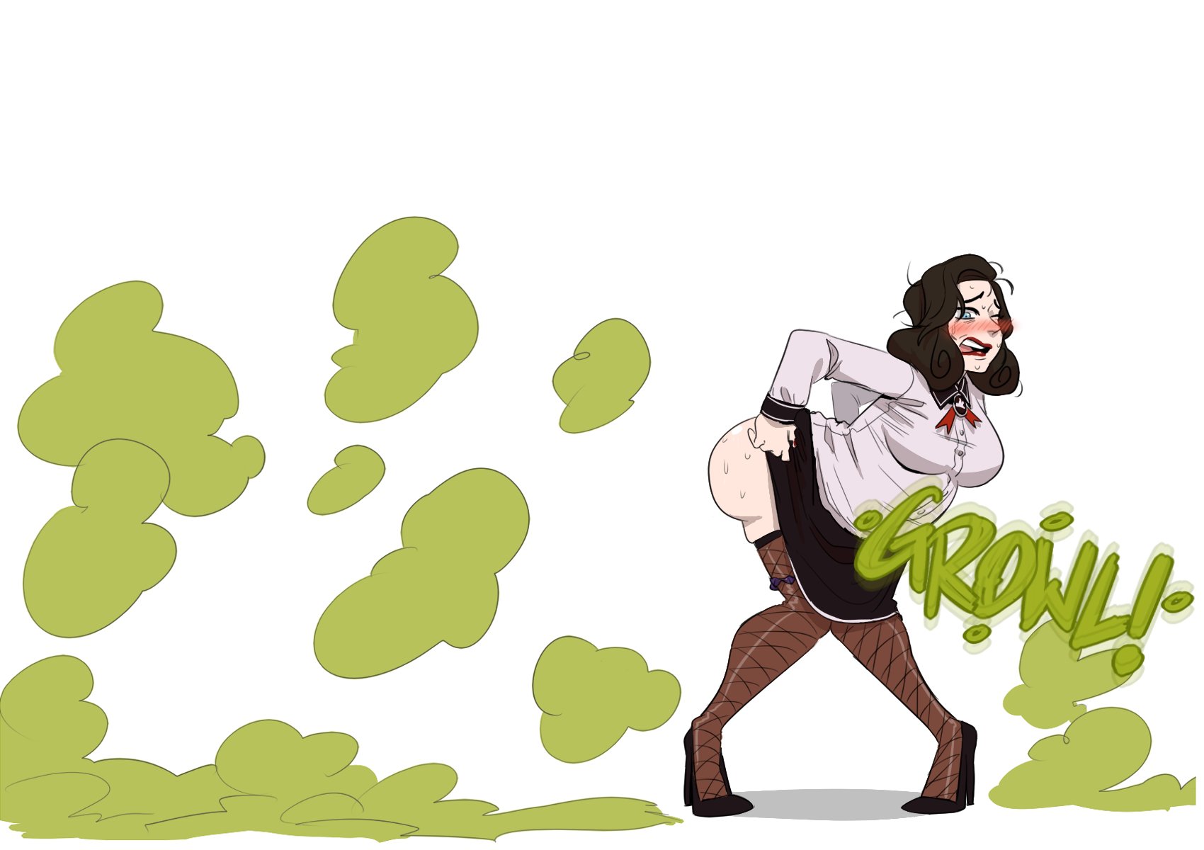 1girls, 2020s, 2023, 2023s, ass, bare ass, big ass, big breasts, bioshock, bioshock infinite, black heels, black shoes, black skirt, blue eyes, blush, breasts, brown hair, brunette futa, brunette hair, burial at sea, buttoned shirt, comission, curvaceous, curvy, curvy body, curvy female, curvy figure, dark brown hair, dark hair, digital drawing (artwork), digital media (artwork), elizabeth comstock, elizabeth comstock (burial at sea), fair skin, fair skinned female, fair-skinned female, fair-skinned female body, fart, female, female only, fishnet clothing, fishnet legwear, fishnet stockings, full body, fully clothed, imminent scat, jpg, kirathepenguin, no background, onomatopoeia, part of a set, pulling up skirt, red lipstick, shoes, short hair, simple background, skirt, skirt lift, skirt lifted by self, solo, solo female, solo focus, stomach gurgle, stomach gurgling, text, thick legs, thick thighs, twitter link, video game character, video game franchise, video games, voluptuous, voluptuous female, white background, white shirt