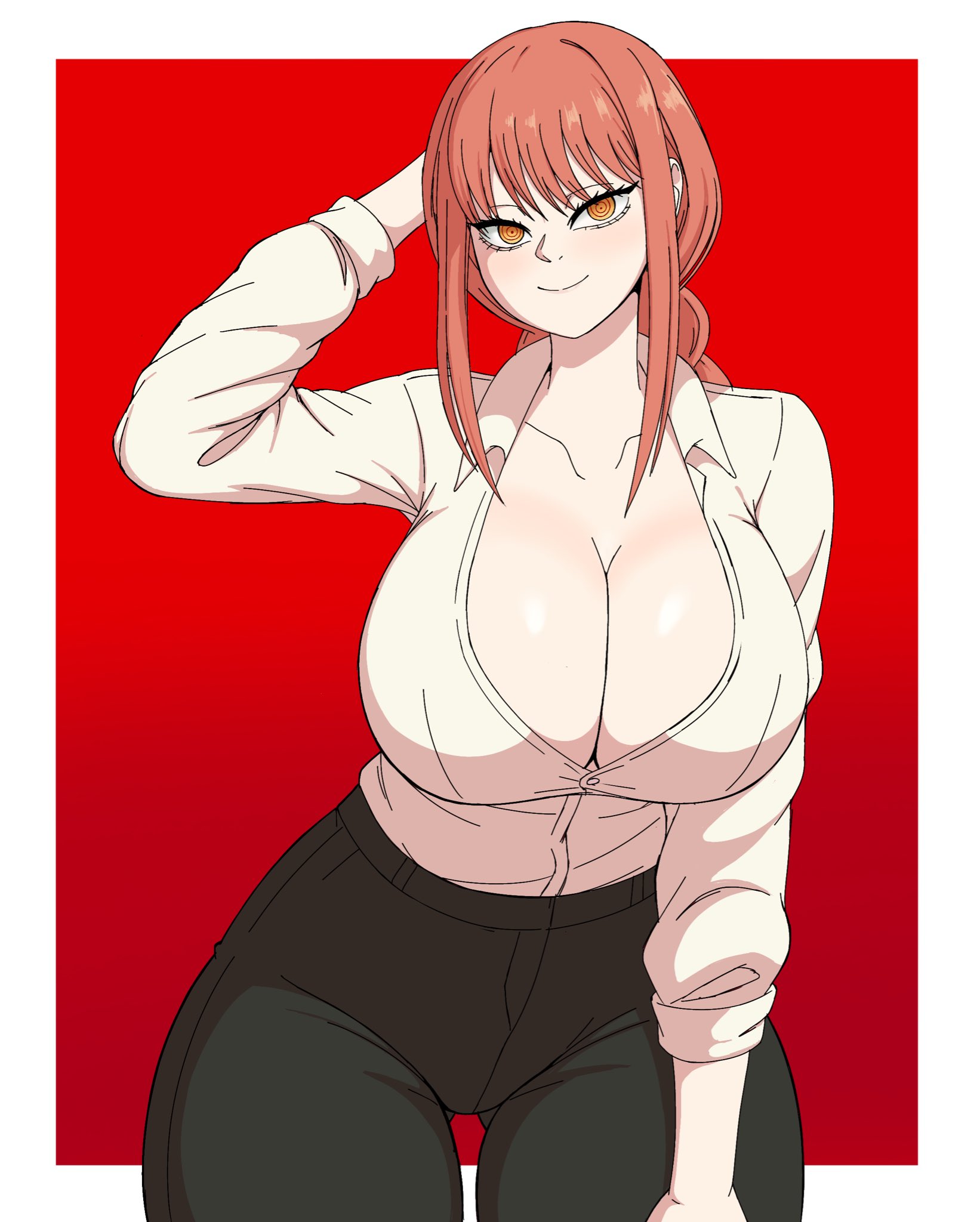 1girls, 2020s, 2026, 2026s, ass visible through thighs, big breasts, black pants, breasts, chainsaw man, cleavage, curvaceous, curvaceous female, curvaceous figure, curves, curvy, curvy body, curvy female, curvy figure, curvy hips, digital drawing (artwork), digital media (artwork), huge breasts, jpg, makima (chainsaw man), red hair, redhead female, shiny, shiny clothes, shiny skin, smile, smiley face, smiling, solo, solo female, solo focus, spiral eyes, stronkbonk, thick thighs, thunder thighs, thunderthighs, twitter link, unique eyes, voluptuous, voluptuous body, yellow eyes