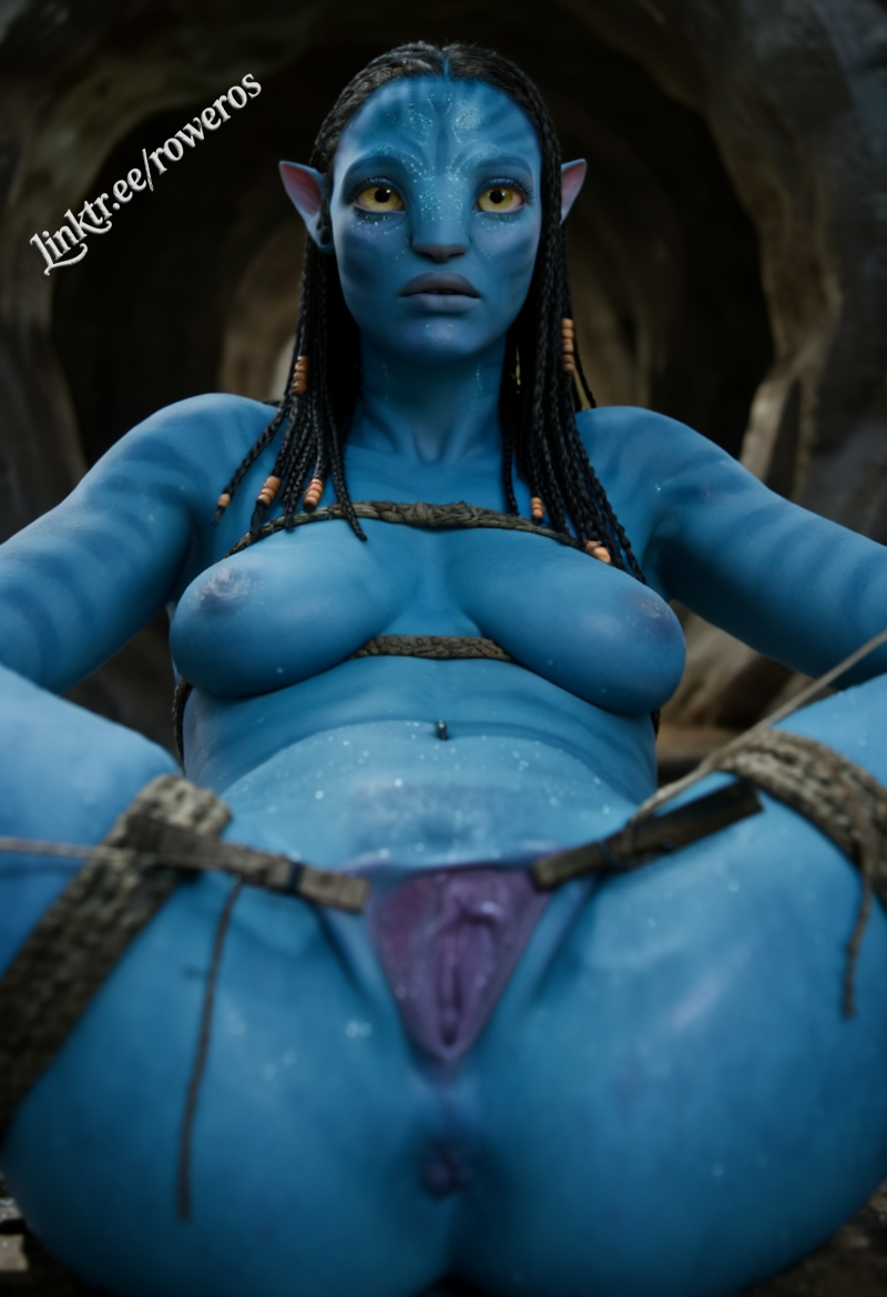 3d, ai generated, alien, alien girl, areola, areola slip, athletic female, avatar, avatar: the way of water, bigger female, blender, blue body, blue skin, bondage, breasts, cave, interspecies, large female, mini giantess, na'vi, naked, neytiri, outdoors, realistic, rope, rower, sitting, tail, torture