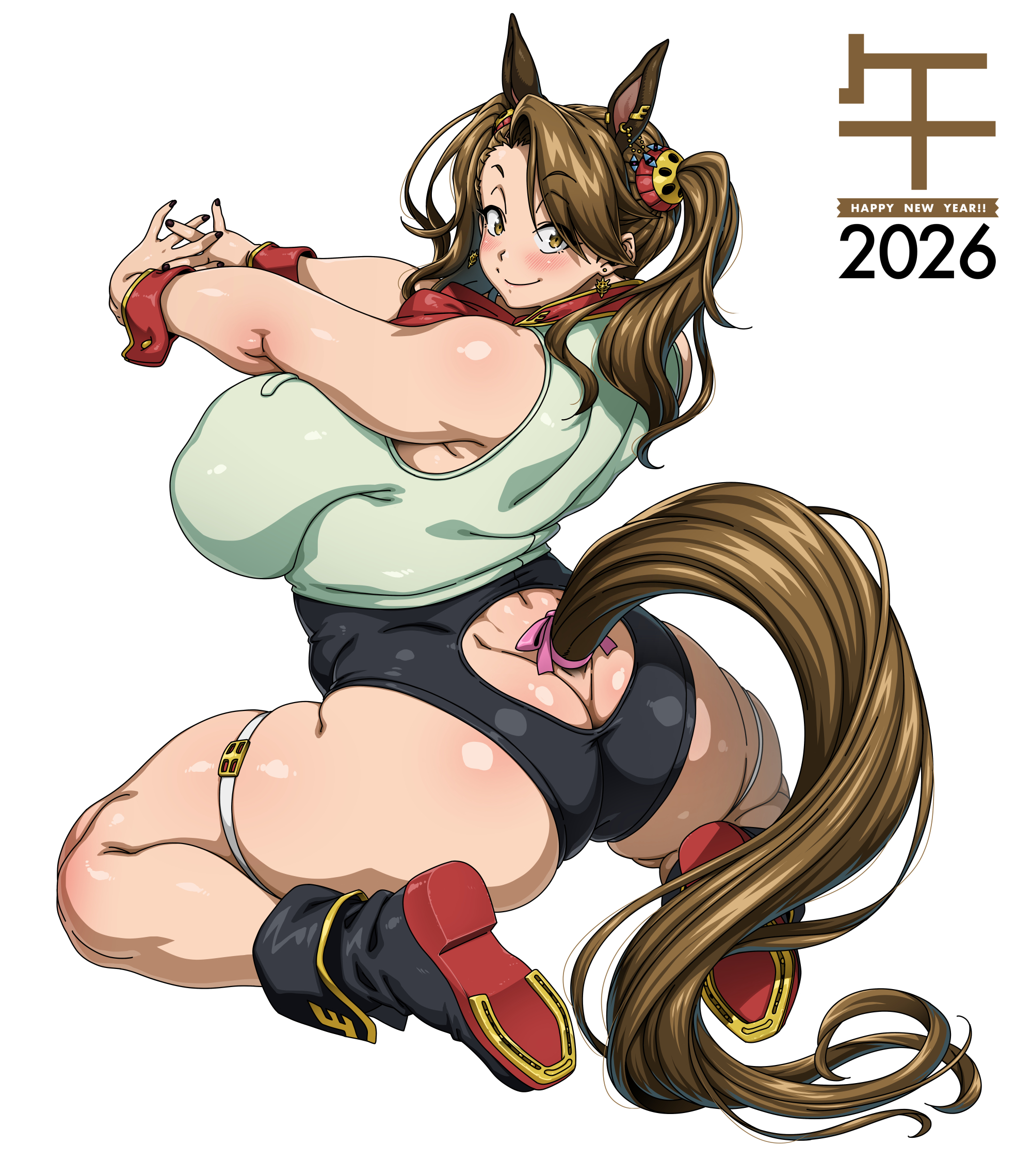 1girls, 2026, ass, bbw, big ass, big breasts, breasts, brown hair, chubby female, eye contact, female, female focus, female only, gundam, gundam build fighters, gundam build fighters try, happy, happy new year, horse ears, horse girl, horse tail, huge ass, huge breasts, jun (rojiura jack), looking at viewer, looking back, rojiura jack, sazaki kaoruko, solo, tail, twintails, voluptuous