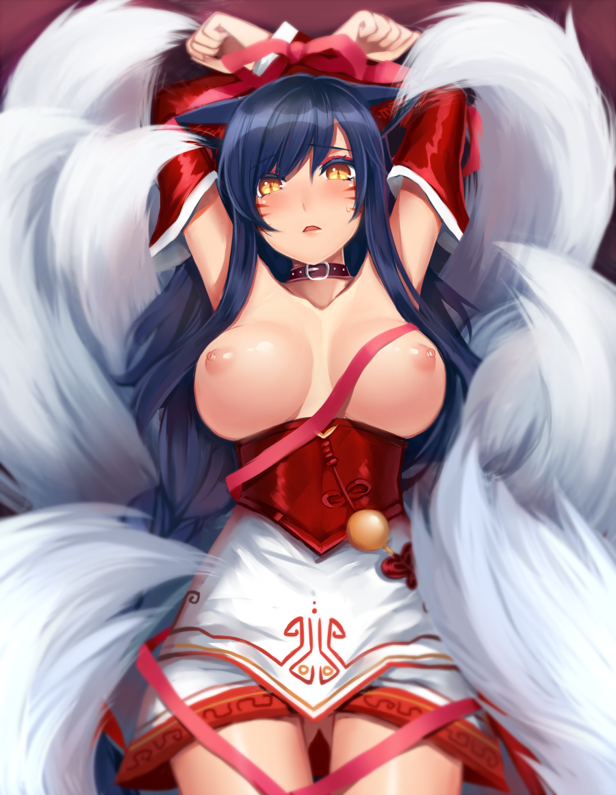 ahri animal_ears areolae arm_up blue_hair bondage breasts breasts_out collar colored_eyelashes detached_sleeves female fox_ears korean_clothes large_breasts league_of_legends long_hair looking_at_viewer multi_tail multiple_tails nipples open_mouth parted_lips puffy_nipples ribbon shiny shiny_skin slit_pupils solo spichis sweatdrop tail topless whisker_markings yellow_eyes