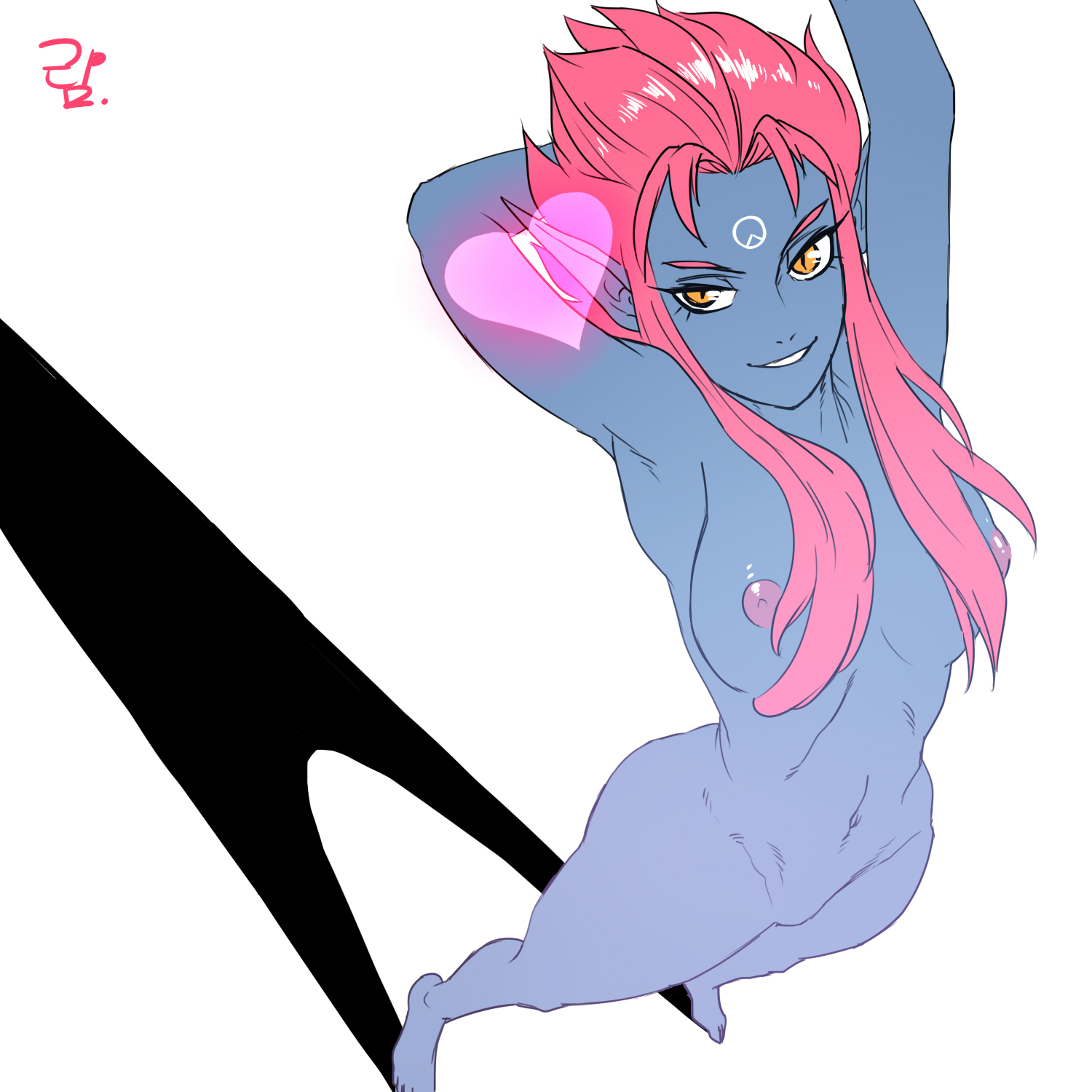 1girls, areolae, arm behind head, armpits, arms up, barefoot, blue skin, breasts, evelynn, feet, female, forehead mark, heart, league of legends, long hair, looking at viewer, navel, nipples, nude, pink hair, pointy ears, ranger squirrel, short hair, simple background, slit pupils, smile, solo, standing, toes, white background, yellow eyes