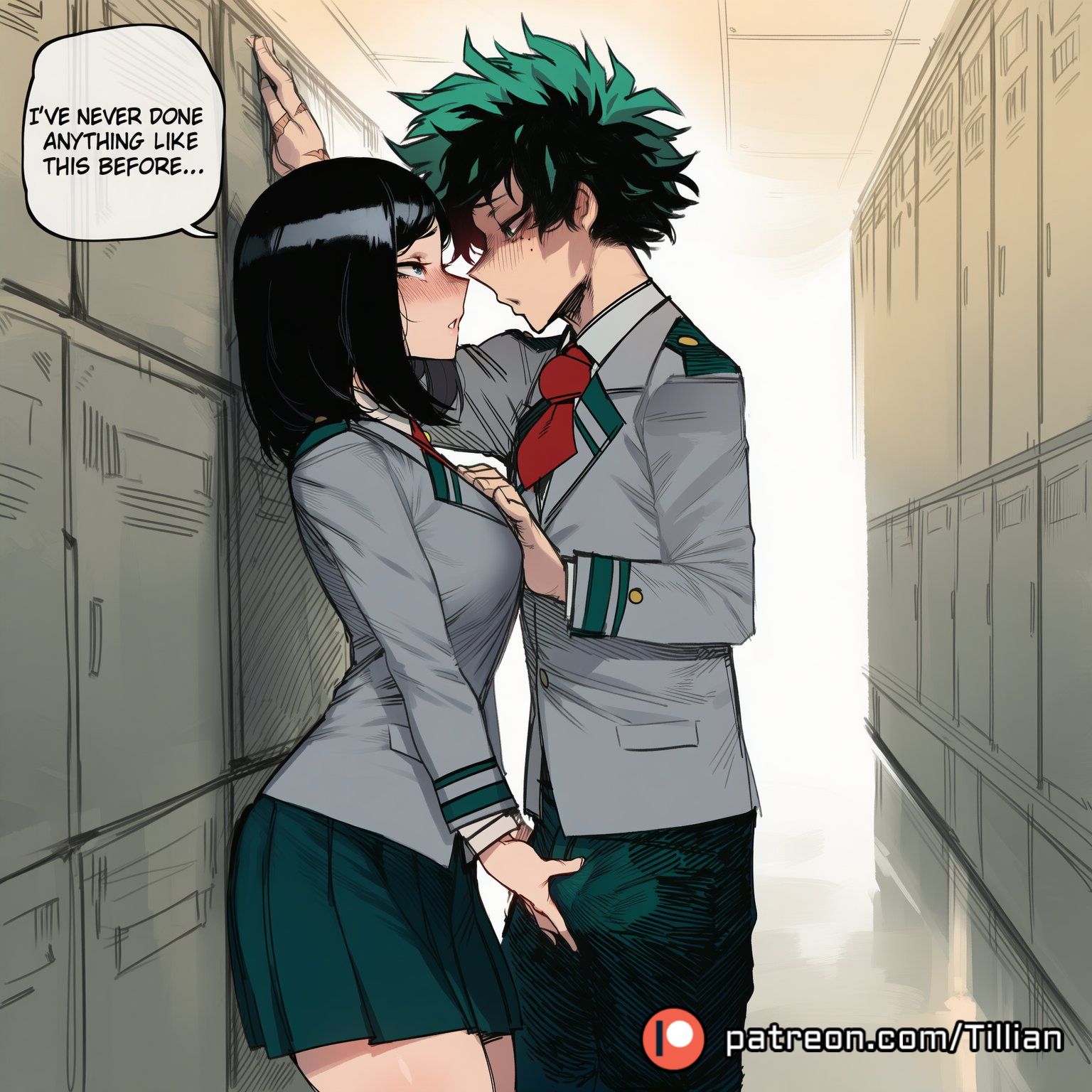 1boy, 1girls, abs, accurate art style, against wall, ai generated, assertive female, black hair, black-haired female, blush, boku no hero academia, breasts, bulge, comic, english text, erection, erection under clothes, female, freckles, green eyes, green hair, green pants, green skirt, green-haired male, hand on another's chest, izuku midoriya, kodai yui, large breasts, looking at another, midoriya izuku, my hero academia, necktie, pants, patreon username, pleated skirt, red necktie, school uniform, short hair, skirt, speech bubble, straight, tillian, u.a. school uniform